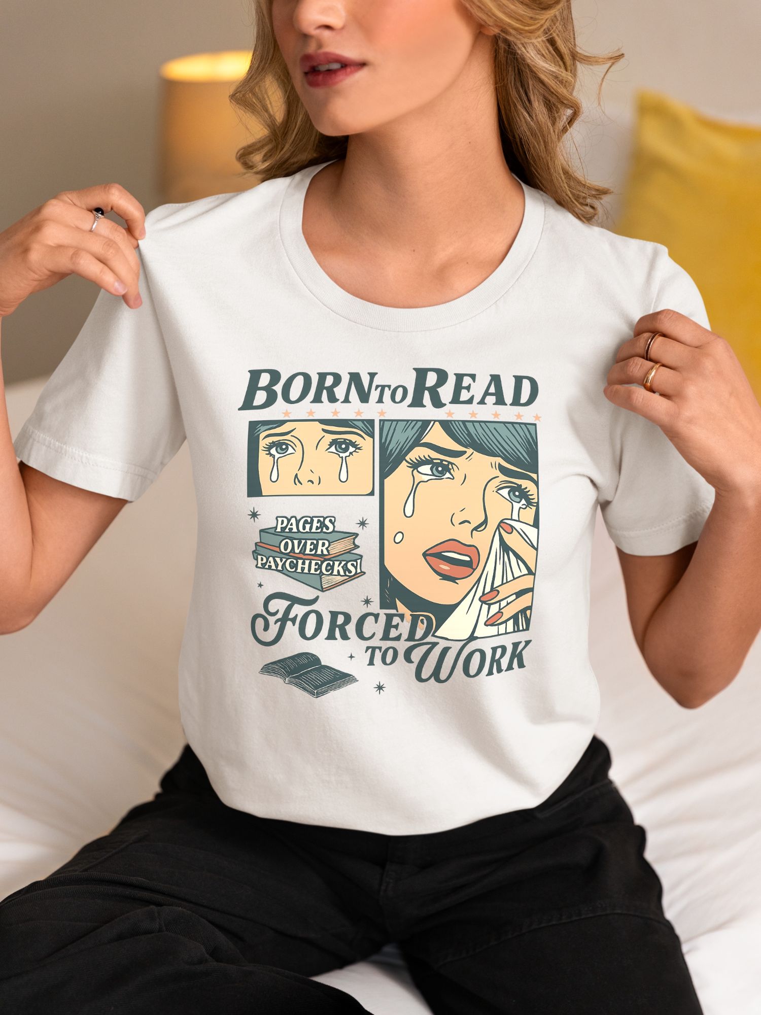 Born to Read Forced to Work T-Shirt – Funny Retro Book Lover Shirt, Literary Humor Graphic Tee for Readers, Teachers, Bookworms — front view