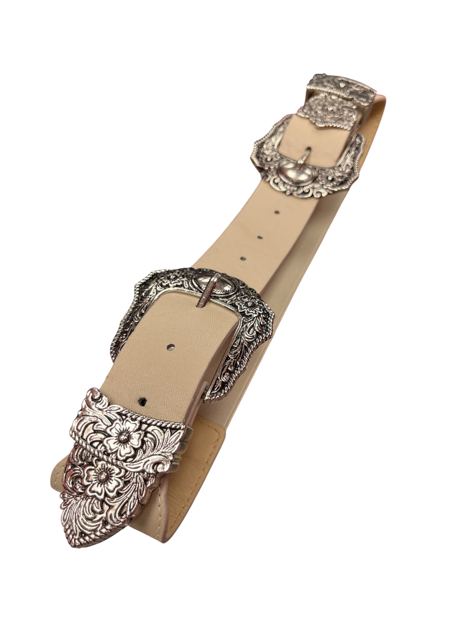 VTG Beige floral double buckle silver plated stretch wms belt