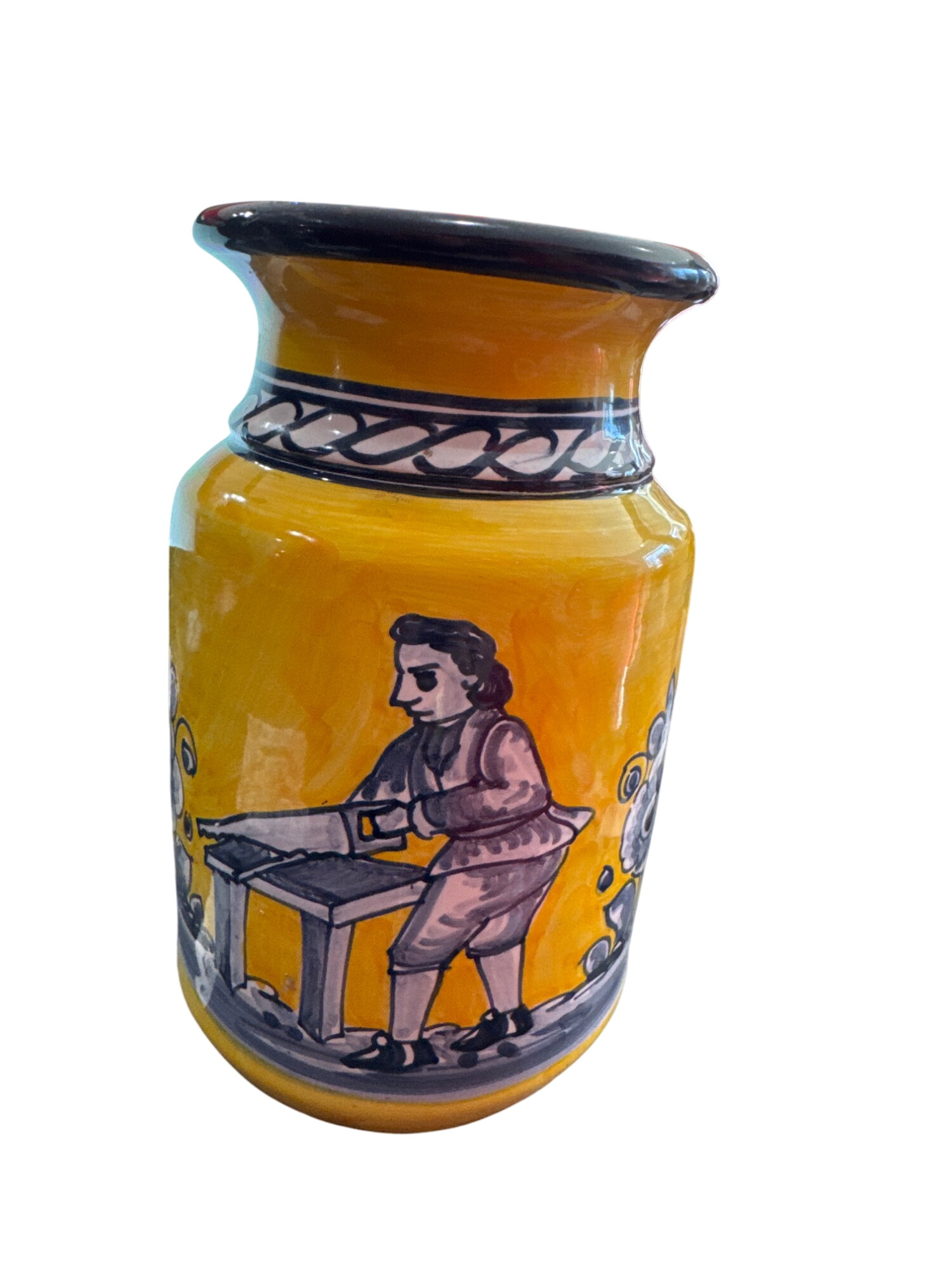 Hand-Painted VTG Yellow Ceramic Vase With Carpenter grahics