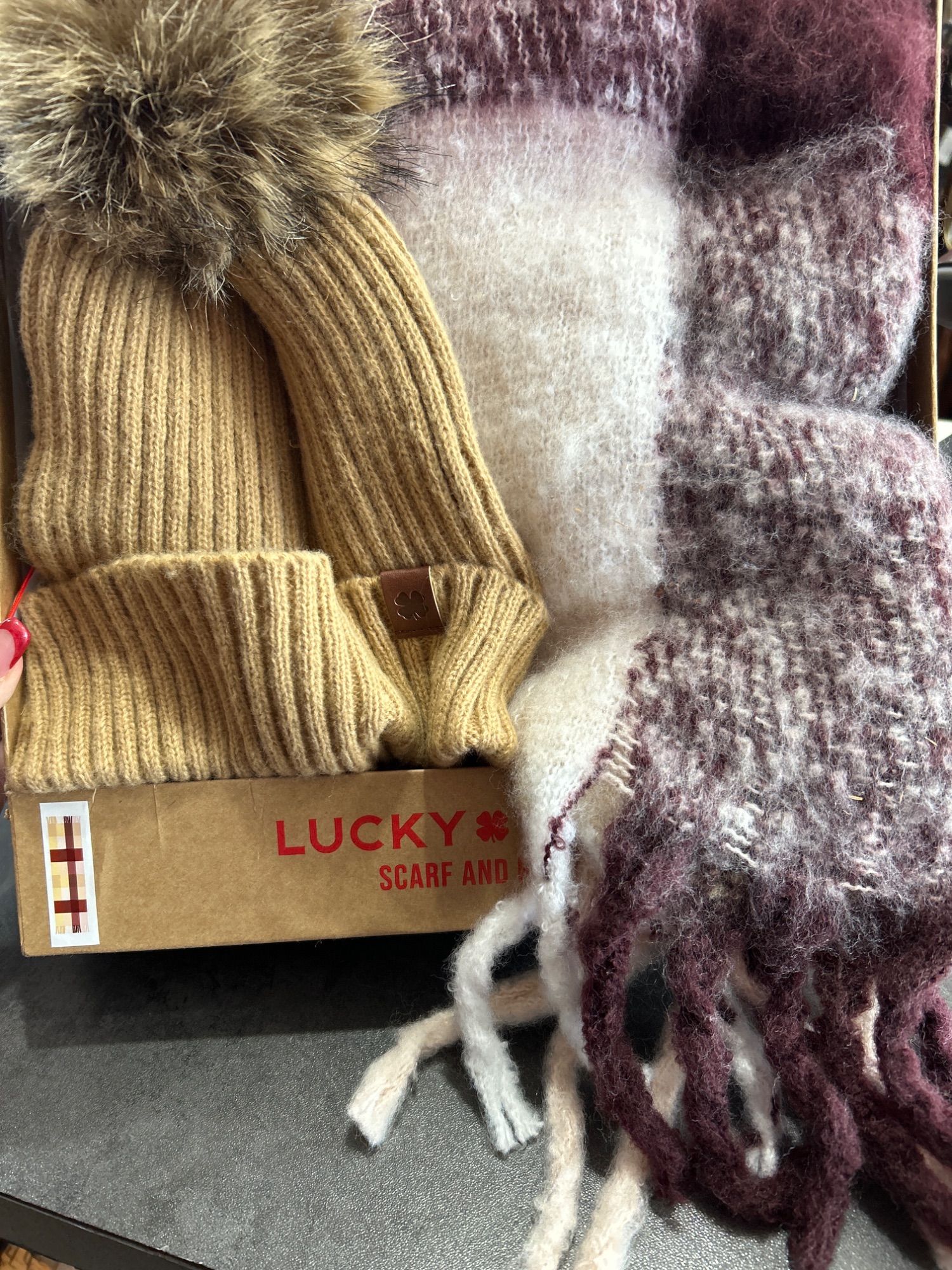 Lucky Brand Womens Knit Beanie & Plaid Fringe Scarf Set Ribbed Hat With Faux Fur Pom Warm Winter Accessories