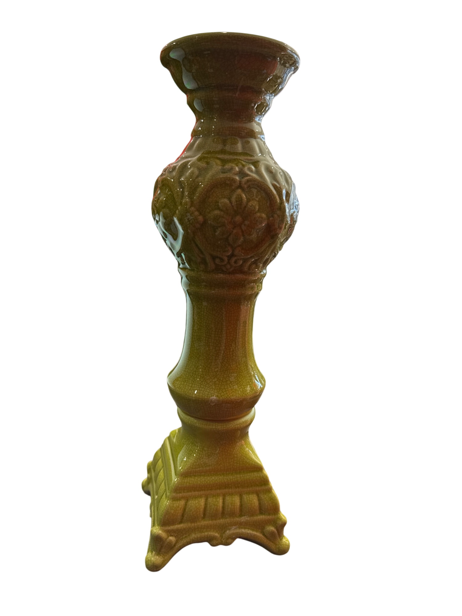 Vintage Ceramic Ornate Yellow-Green Candle Holder 16" Height /S636703