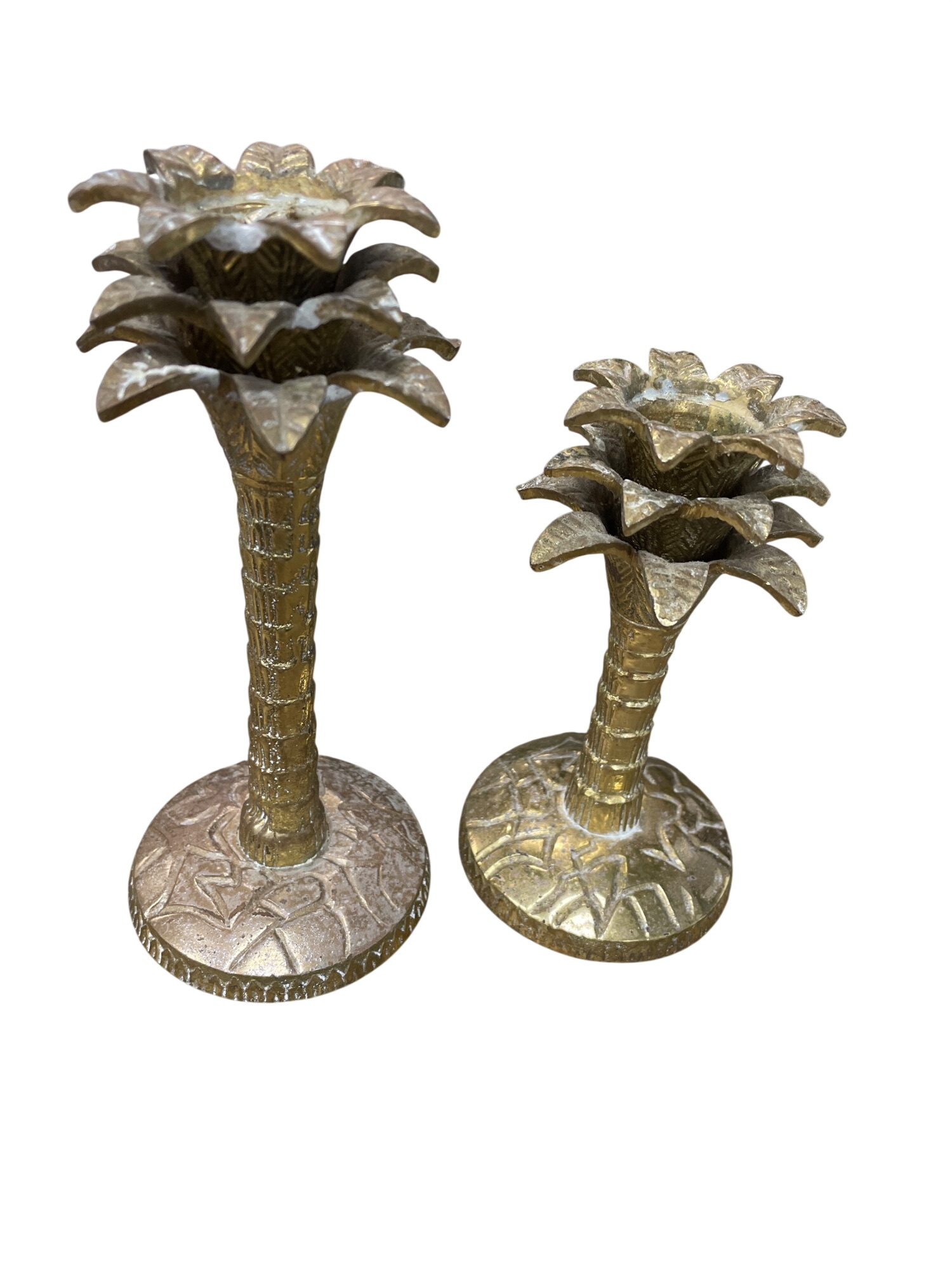 VTG Figural palm tree pair of solid brass candle sticks