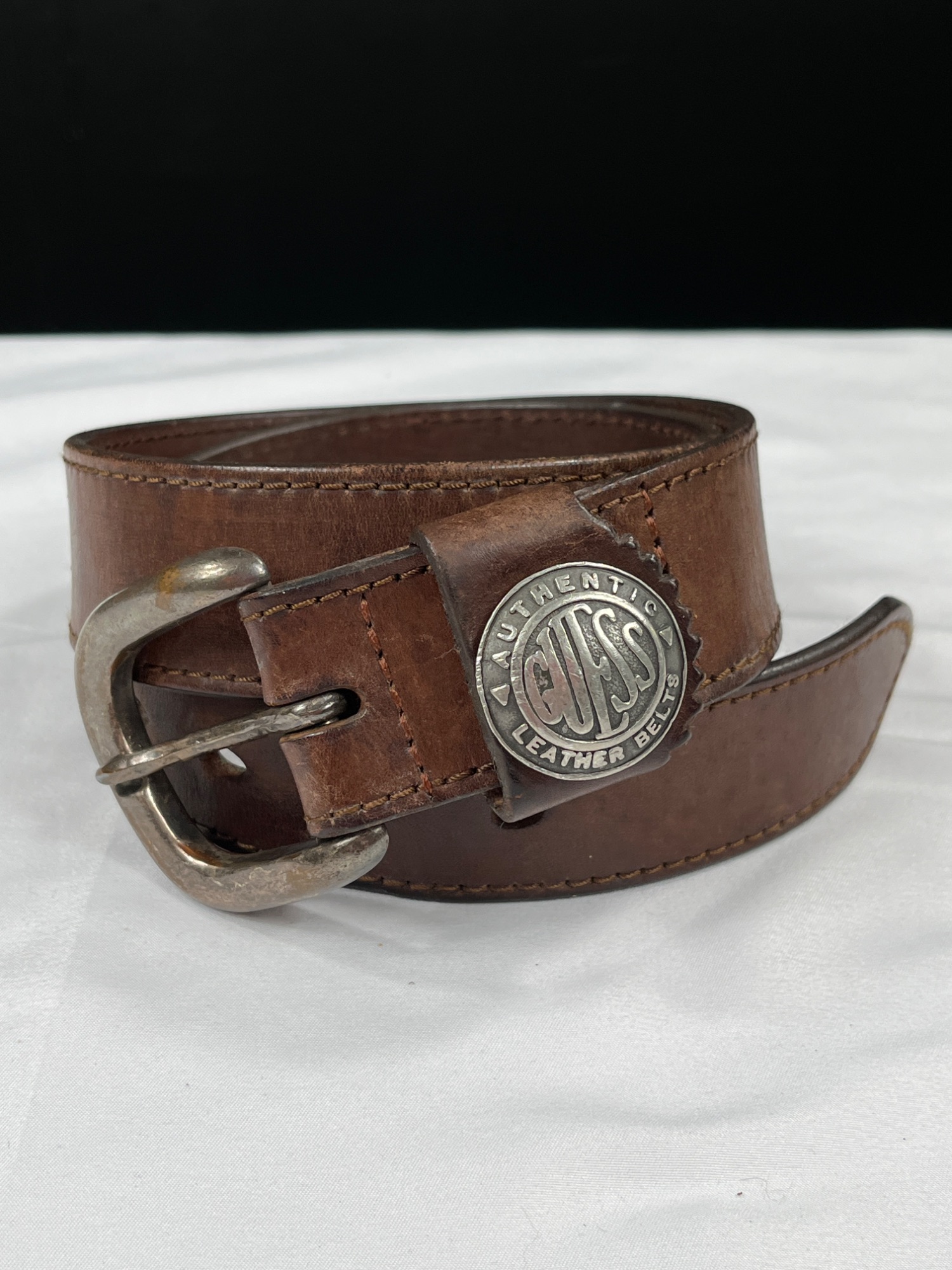 Guess Authentic Brown Leather Belt Metal Buckle