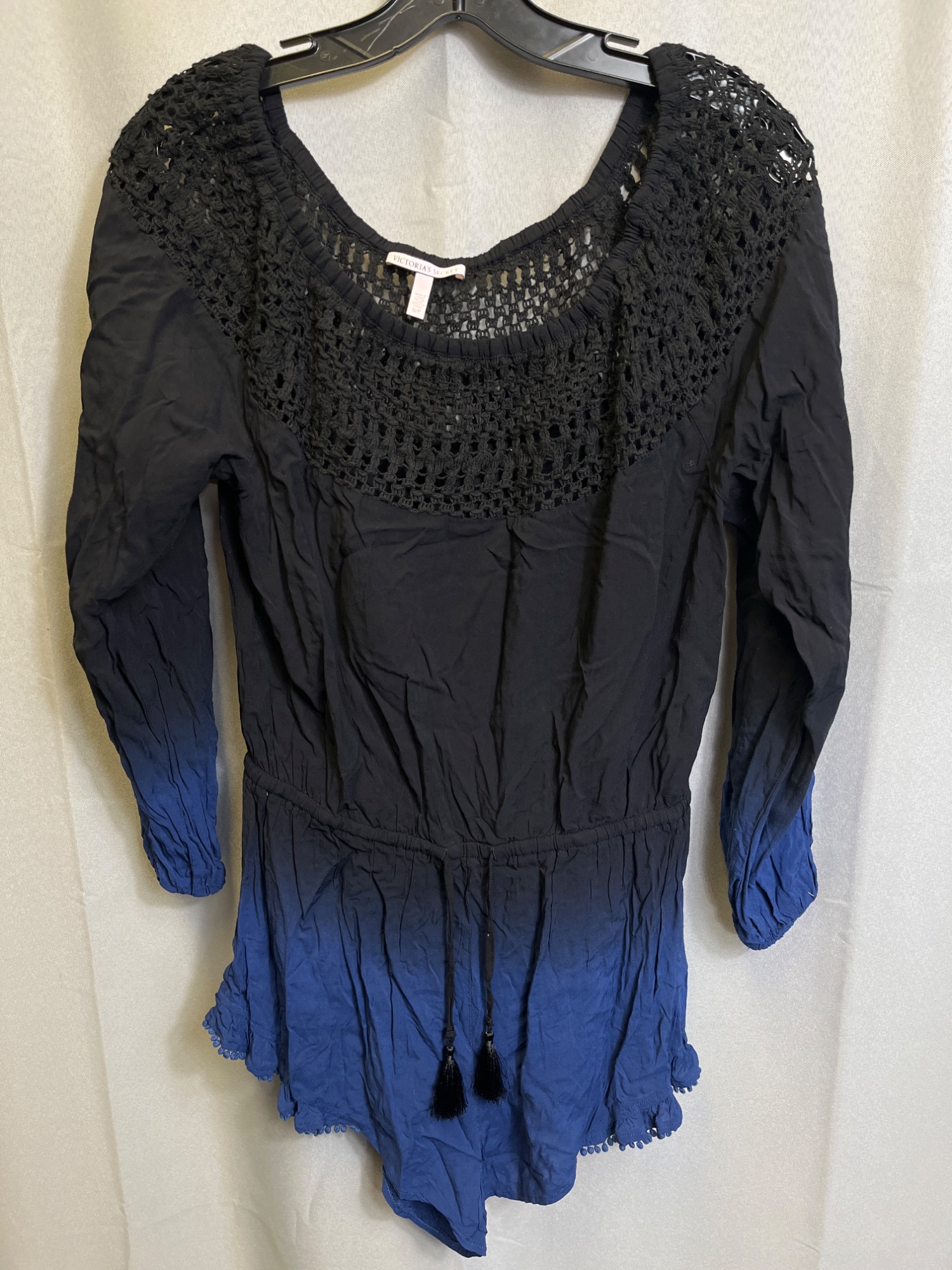 Black and Blue Ombre Crochet Neck Long Sleeve Romper