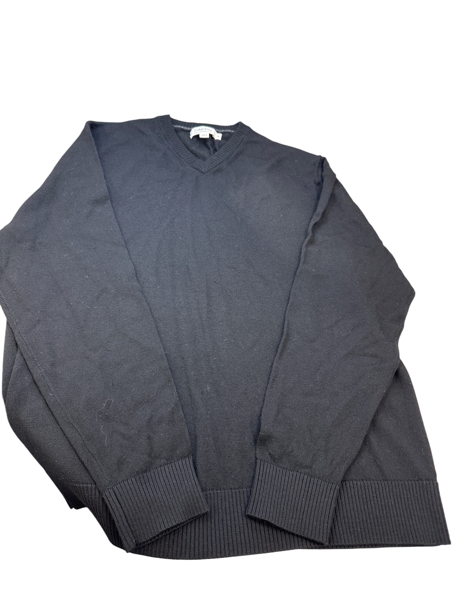 Calvin Klein Mens Extra Fine Italian Merino Wool Black V-Neck Sweater M