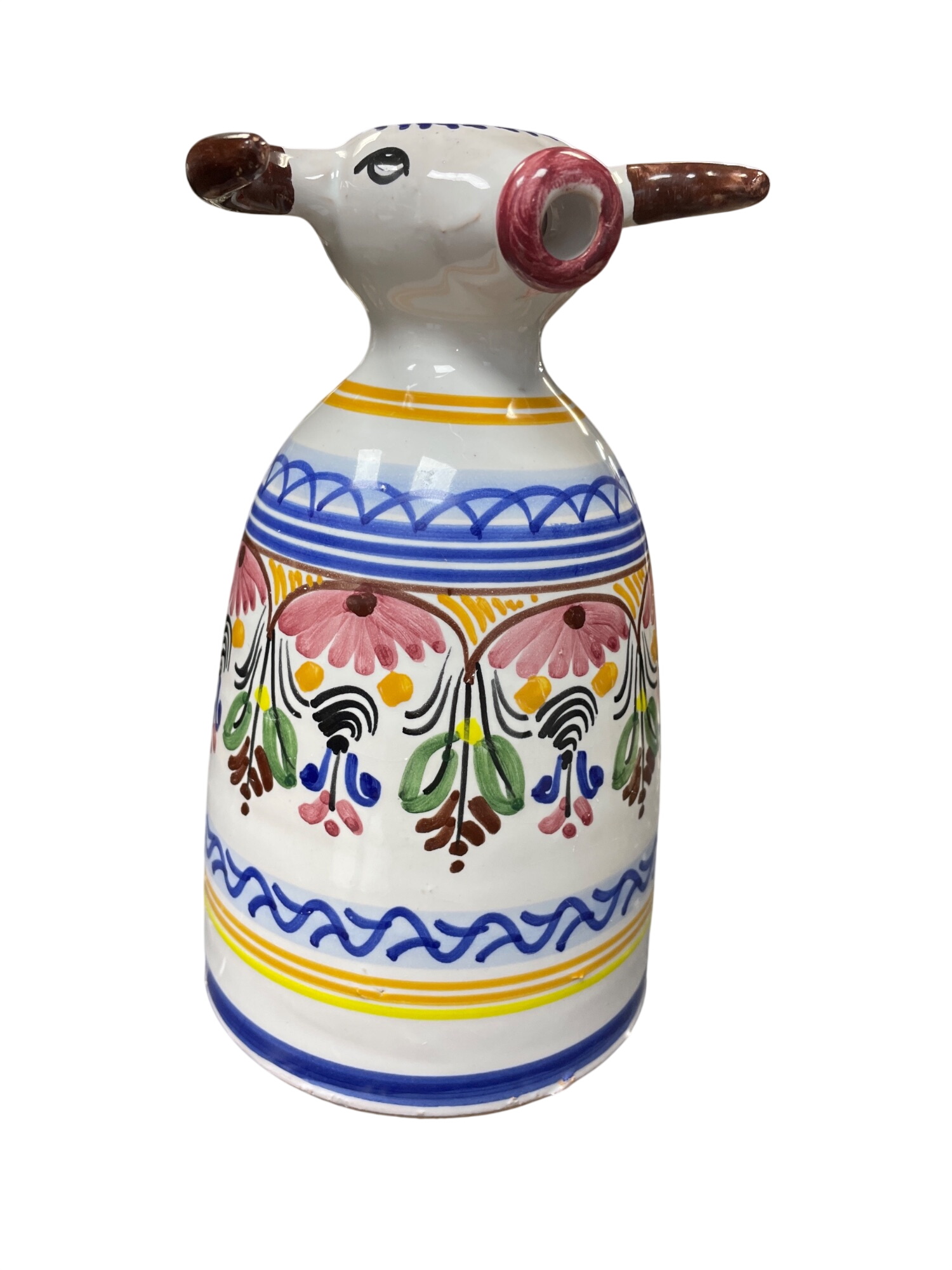spain handpainted multi colored ceramic bull pitcher