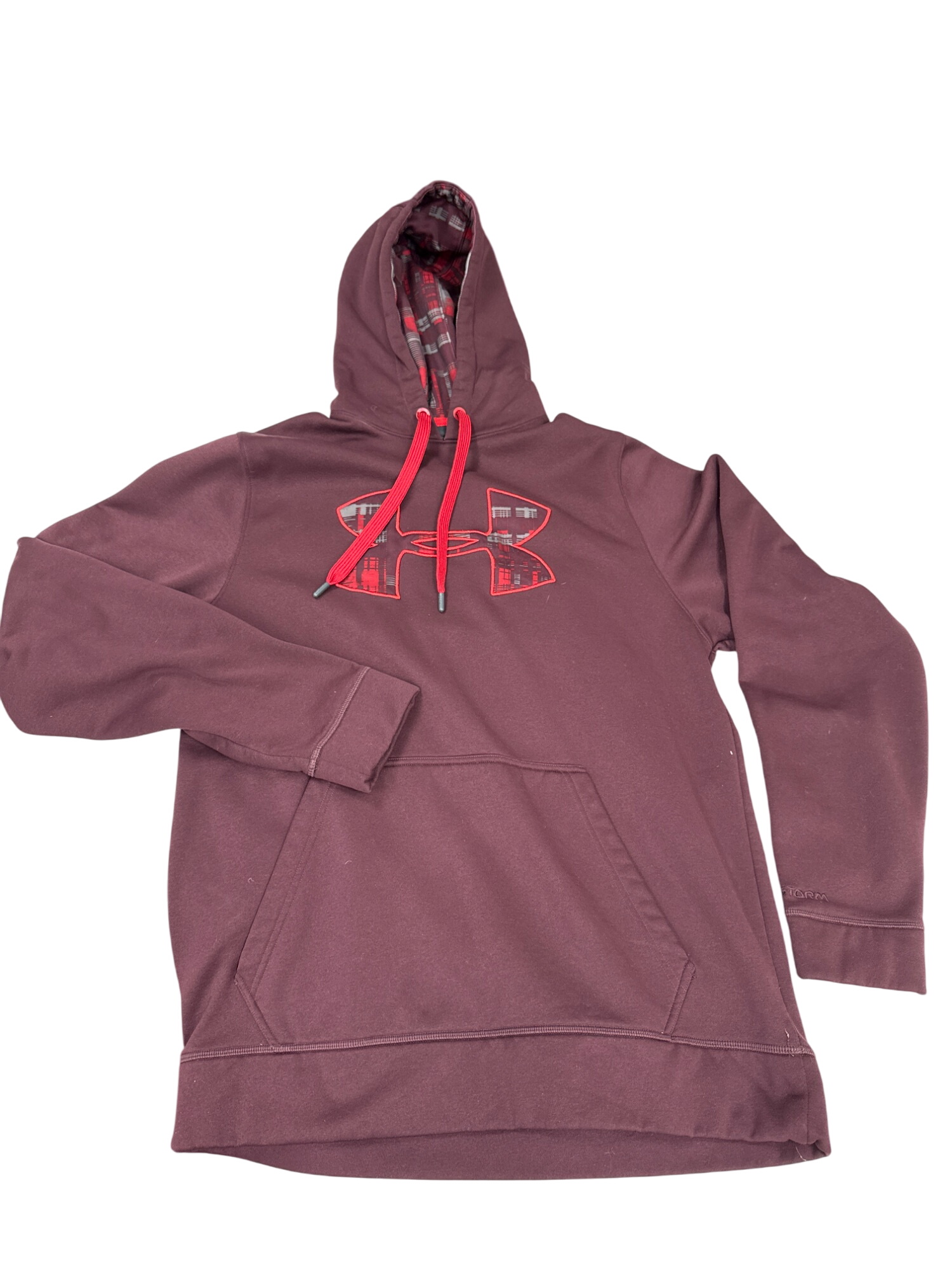 Under Armour Mens Burgundy Hoodie With Plaid Logo & Red Drawstring M