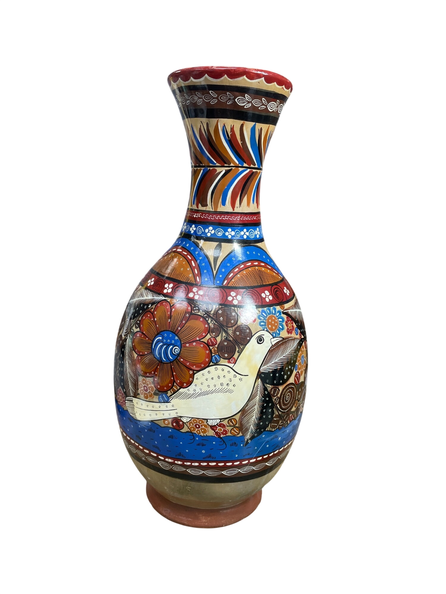 Hand-Painted VTG floral bird Terracotta 15" tall table vase