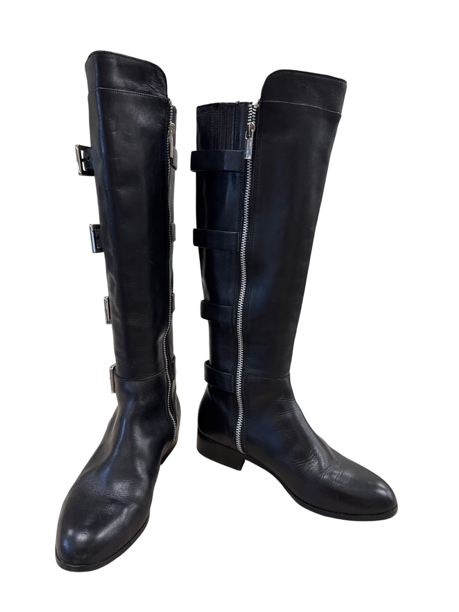 Womens Black Leather Knee High Boots With Buckles Side Zipper