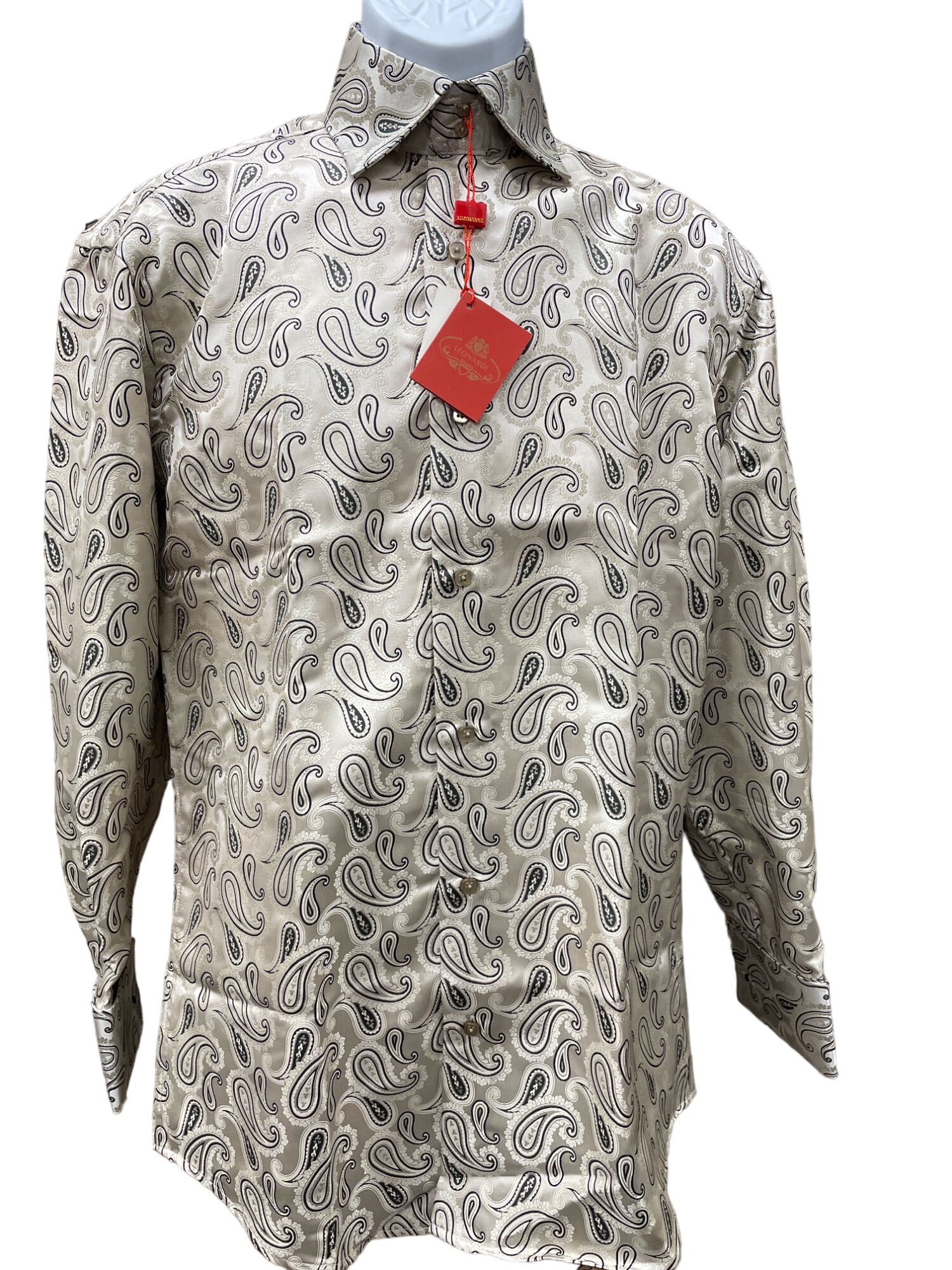 Men's Tan Black Paisley Dress Shirt w Cuff Sleeves , NWT