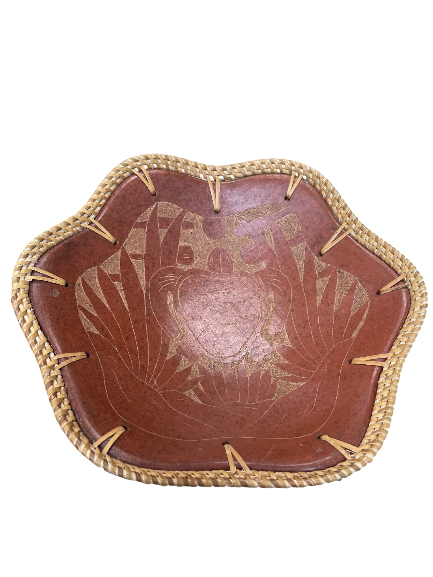 Jamaica Hand Made Etched Turtle Rattan Rim Terra Ceramic Bowl