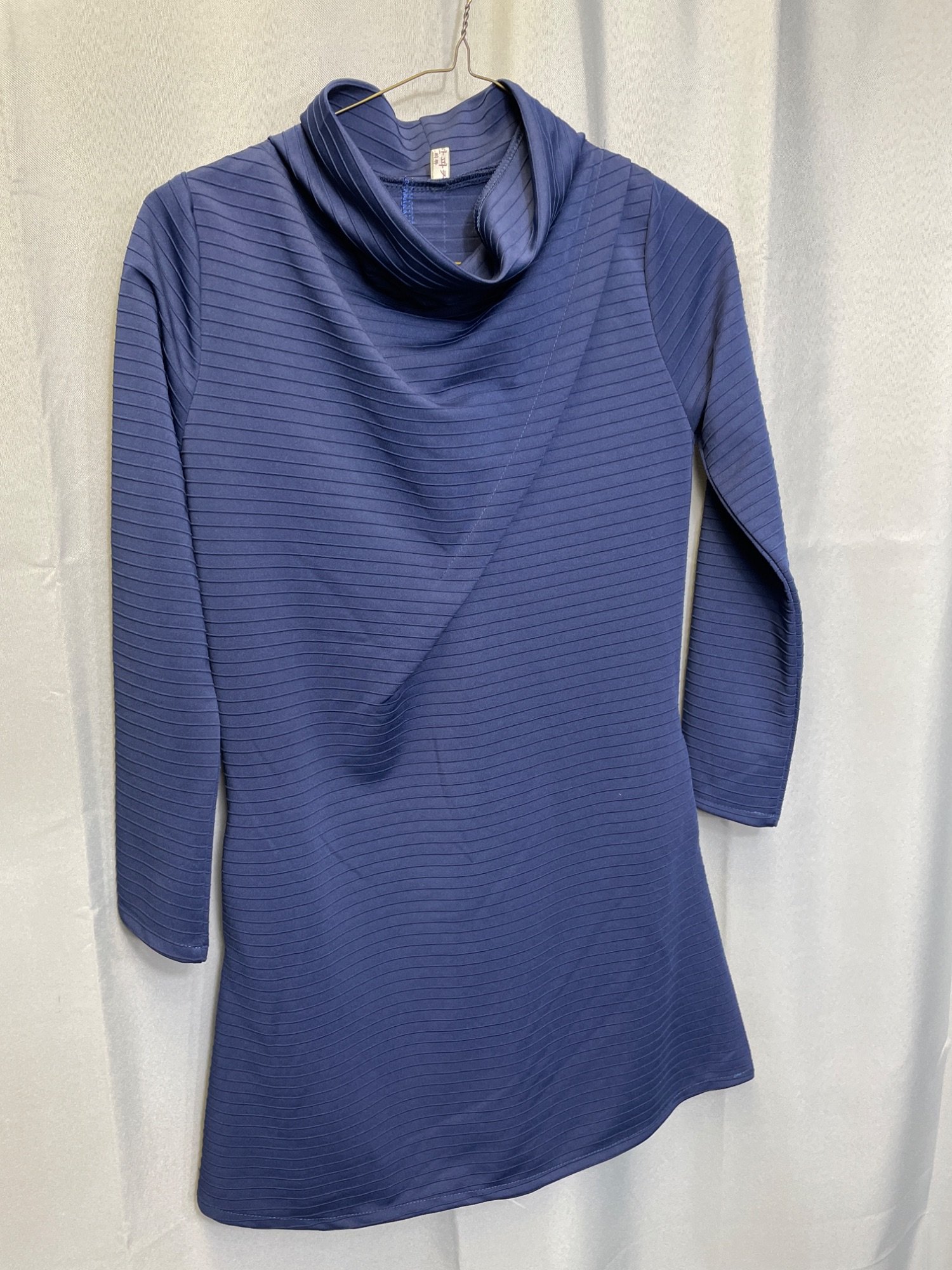 Womens Blue Cowl Neck Ribbed Long Sleeve Dress
