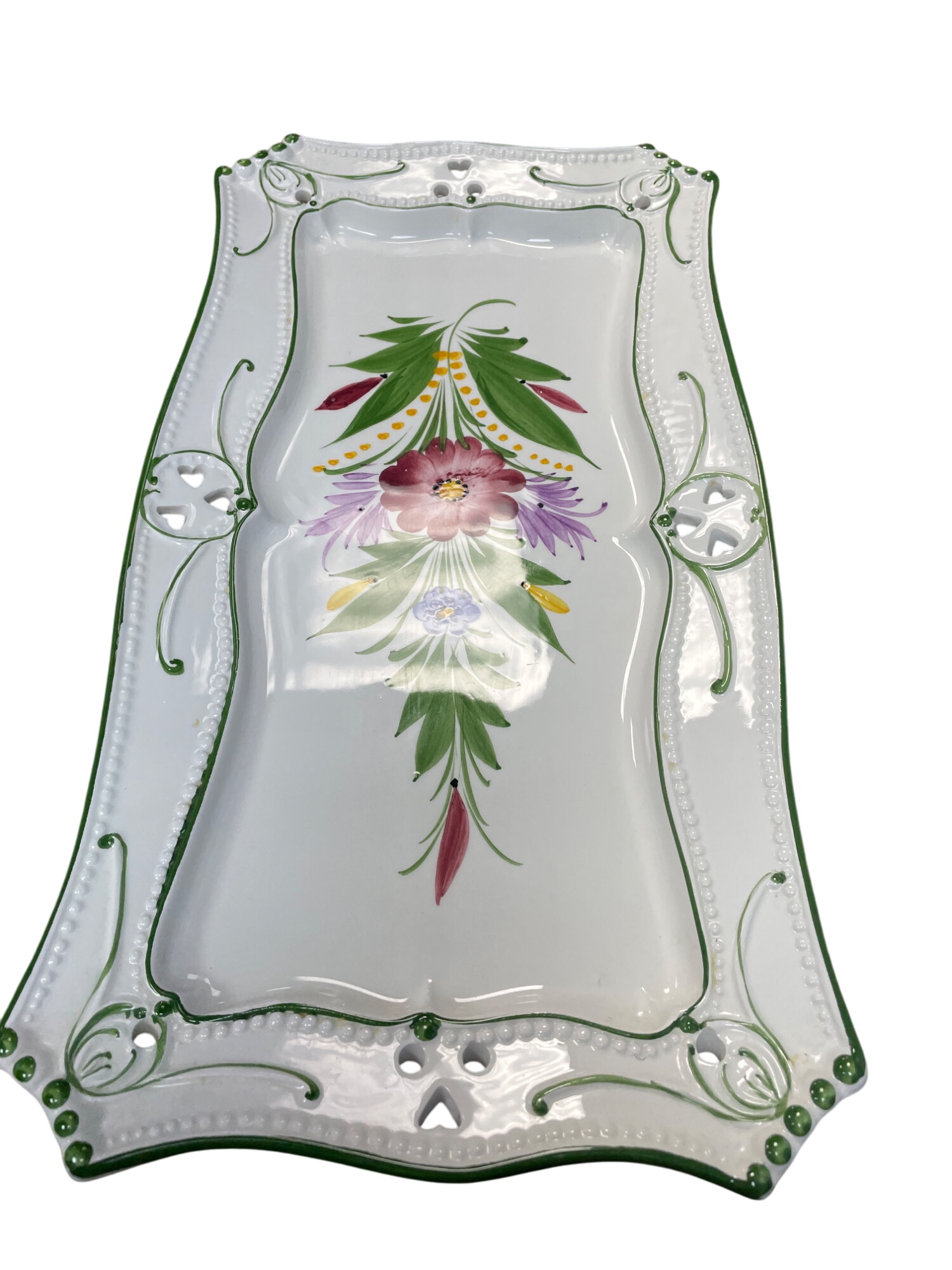 Portugal Hand-Painted Floral Heart Trinket Dish 15.5"x8"
