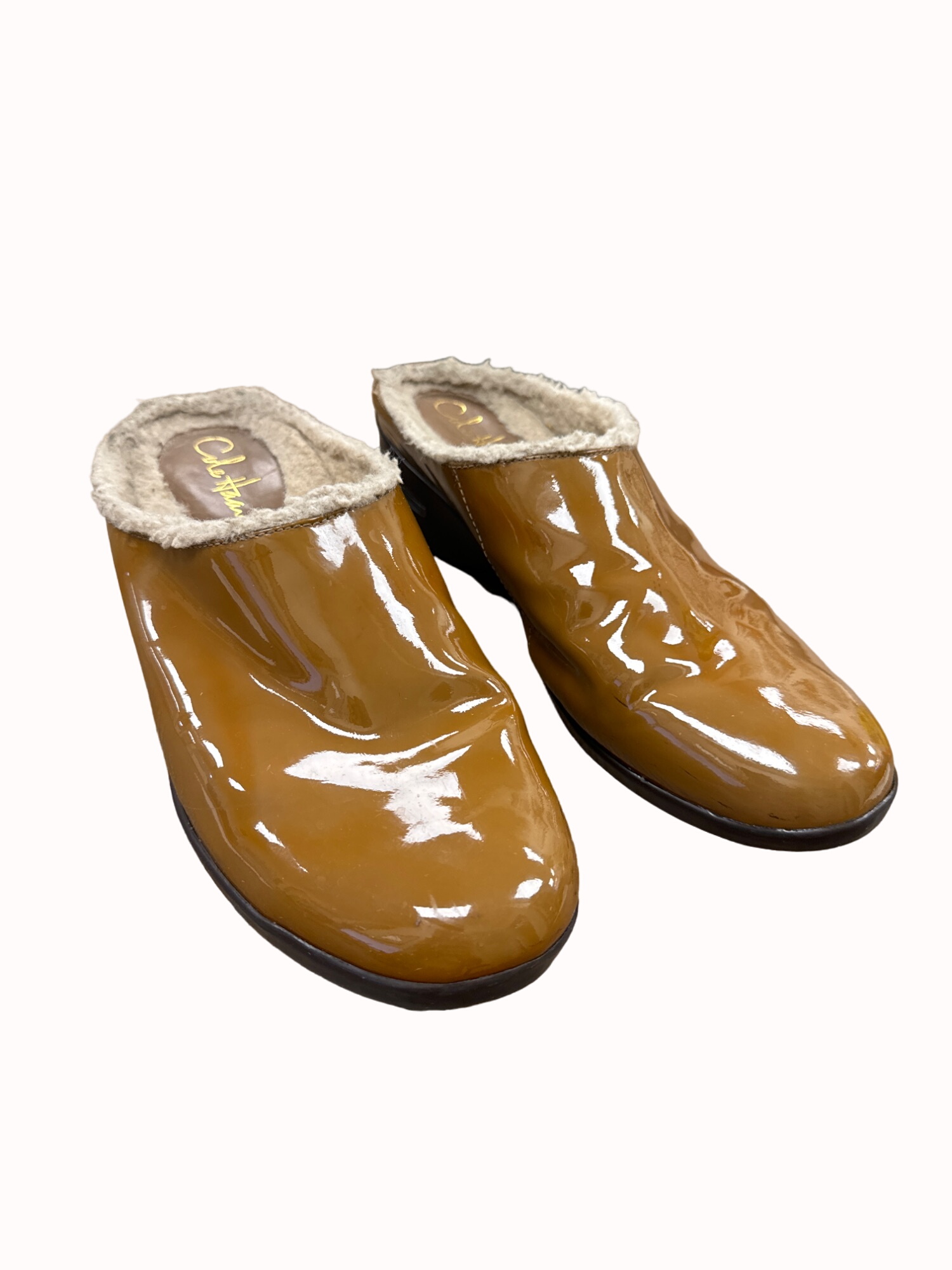 women’s brown patent leather lined slip clogs shoes 10B