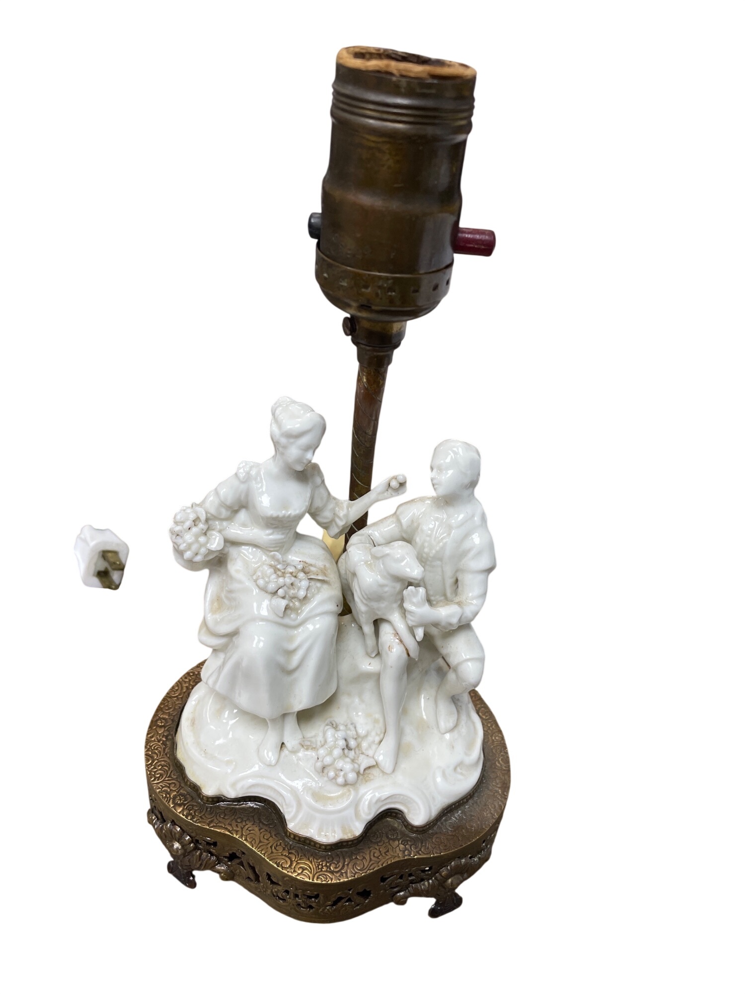 Shepperd Boy VTG Porcelin Brass 10"x5" Figural Lamp Rococo 1930's