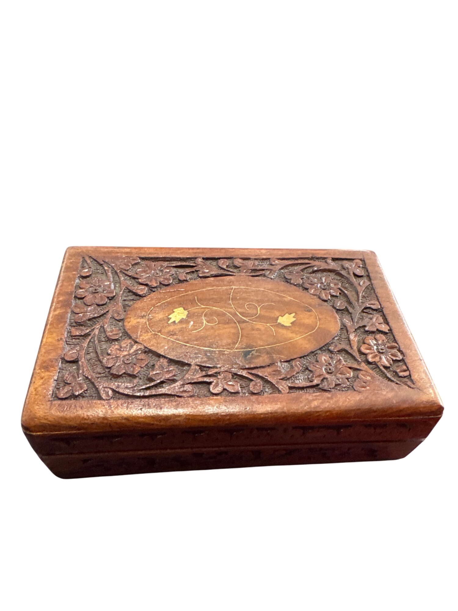 Hand-Carved Wooden Jewelry Box With Floral Design /V745242