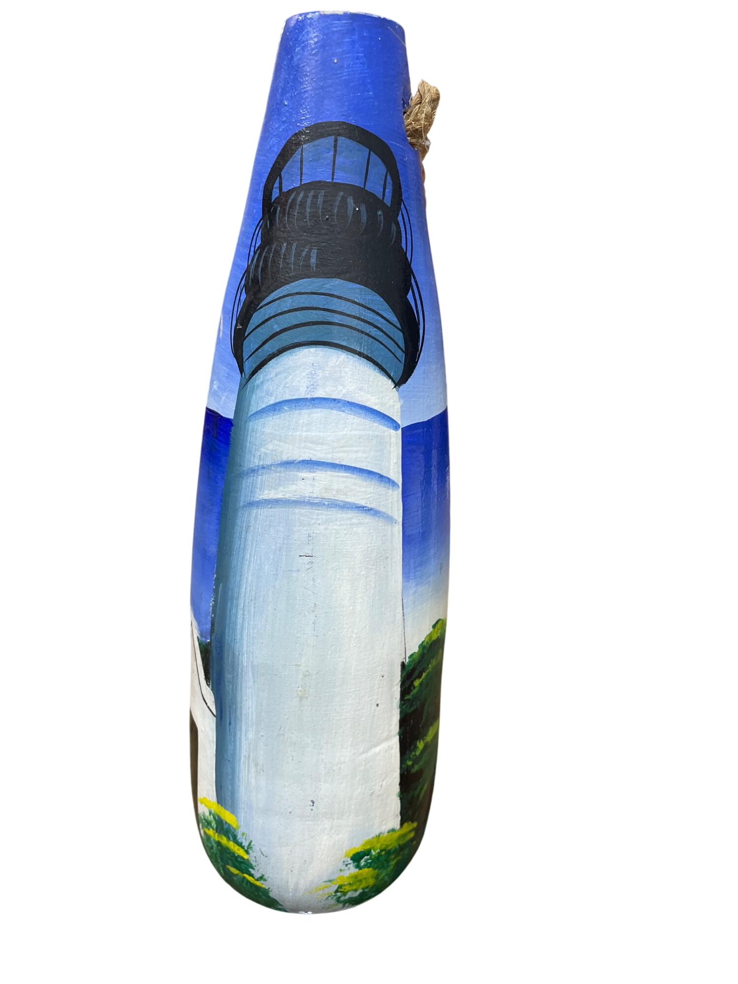 Handmade Nautical-Themed Wooden Buoy Decor With Lighthouse Painting