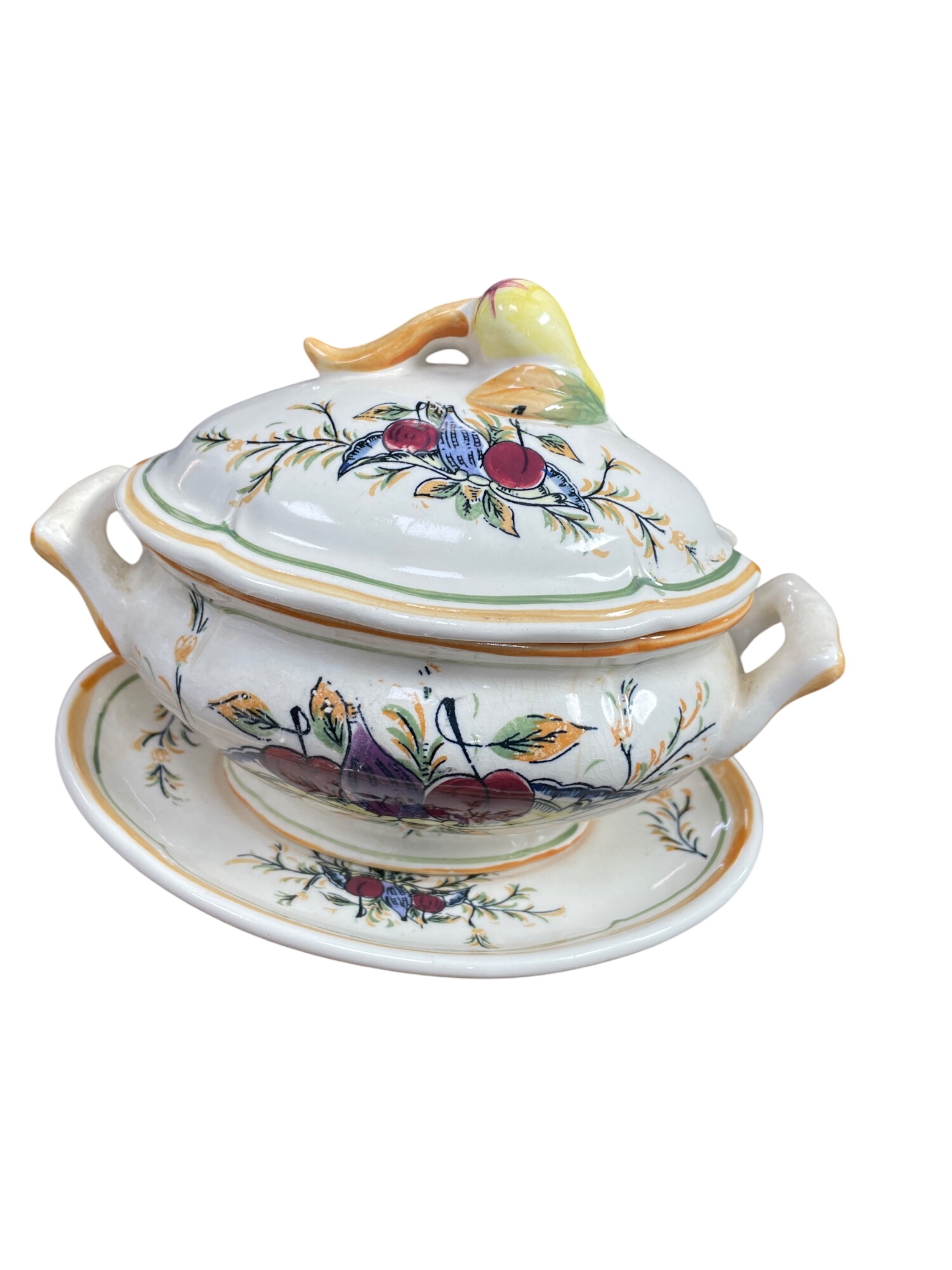 vtg hand painted glazed floral fruit Soup Tureen set