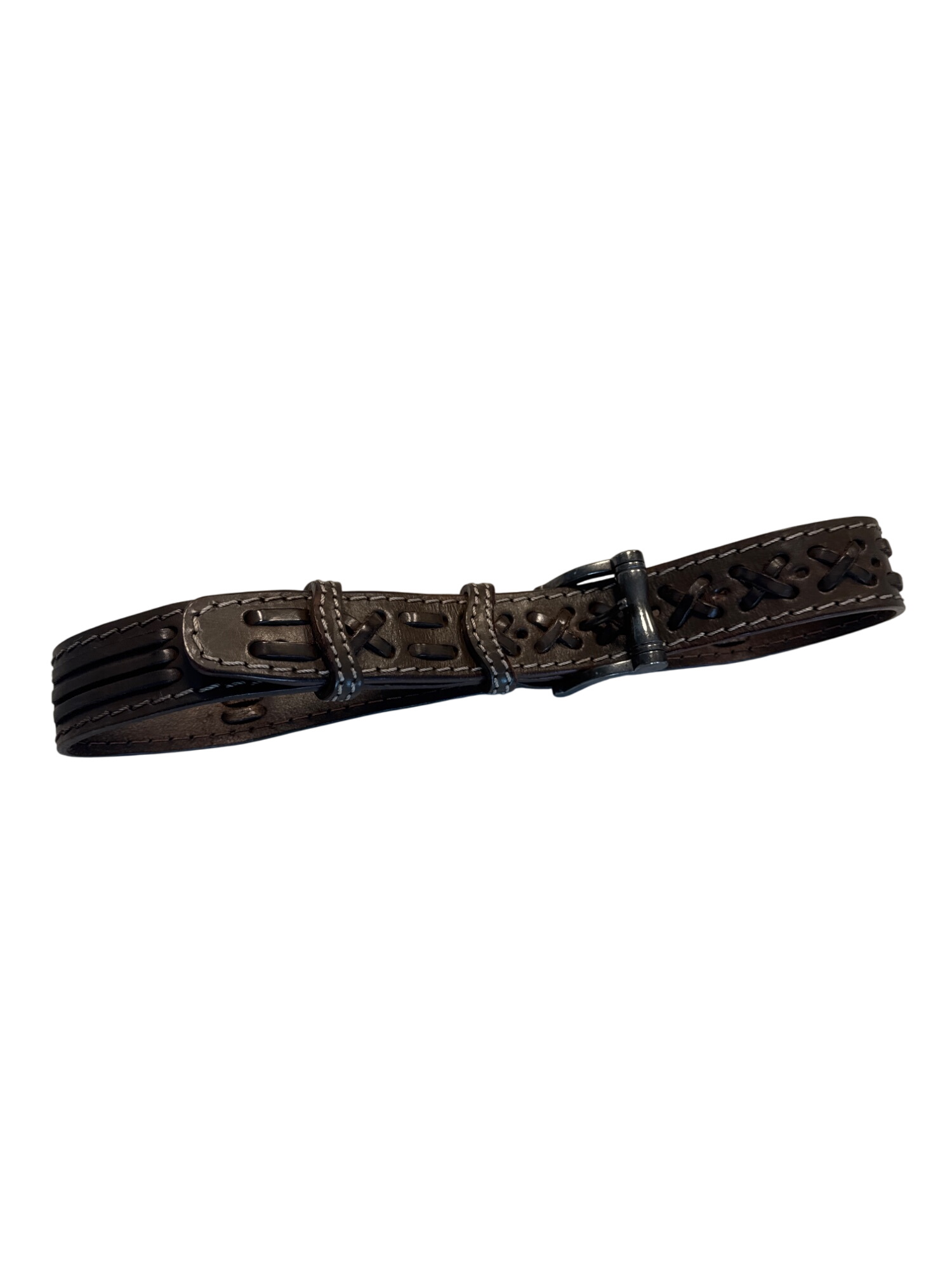 Brown Leather Mens Belt With Unique Thick Buckle & Stitched Design S 38
