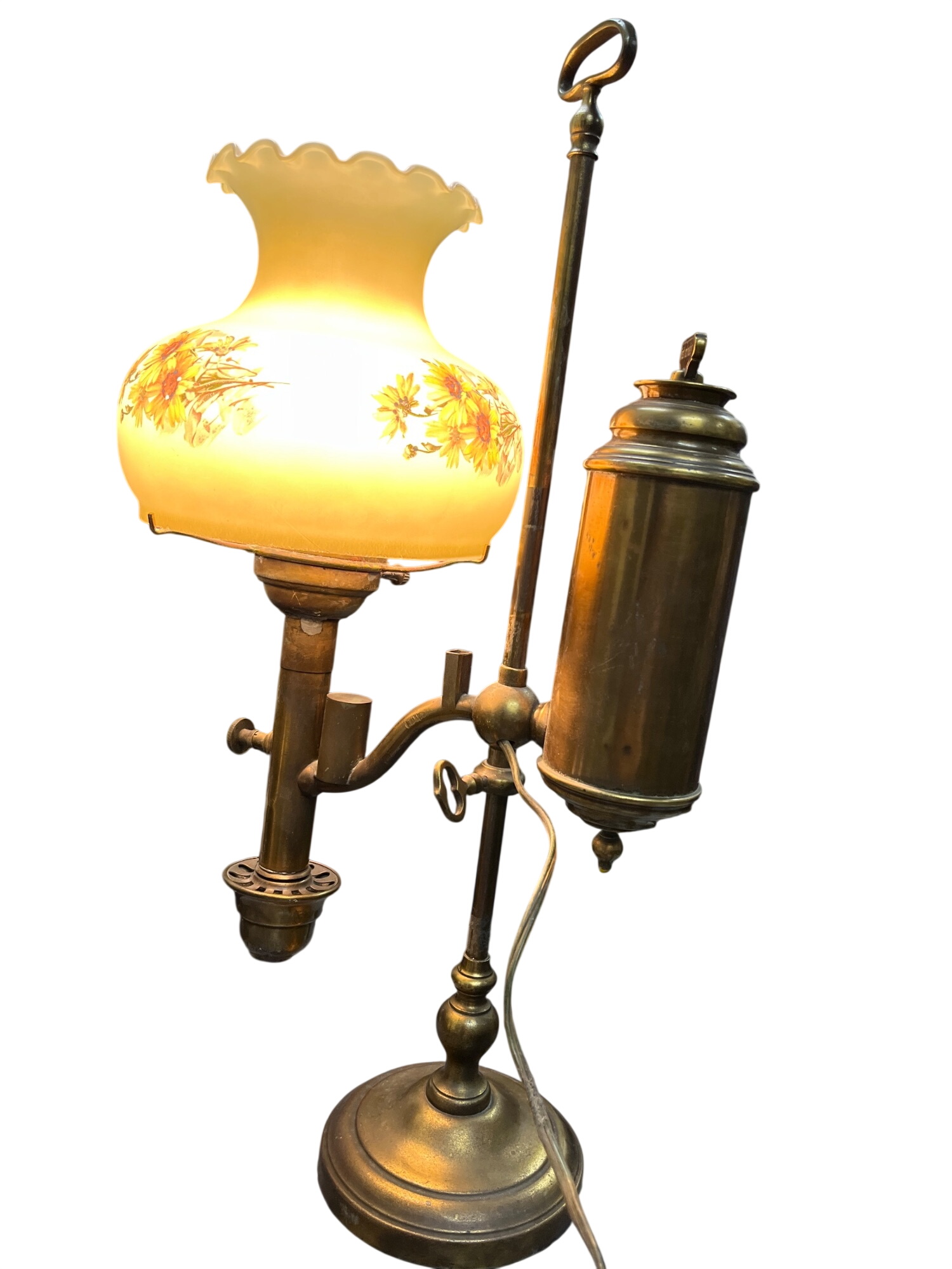 VTG 21" Brass oil Lamp converted electric/ yellow floral globe