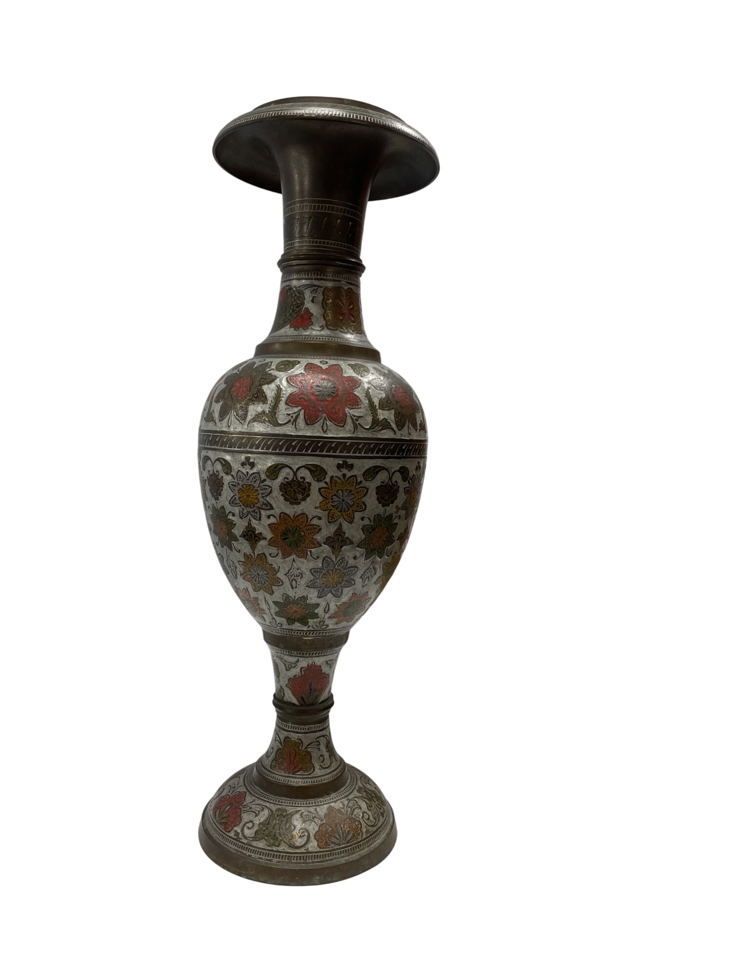 Handcrafted VTG India MeenaKari Floral Enamel Brass Vase 18.5" Tall