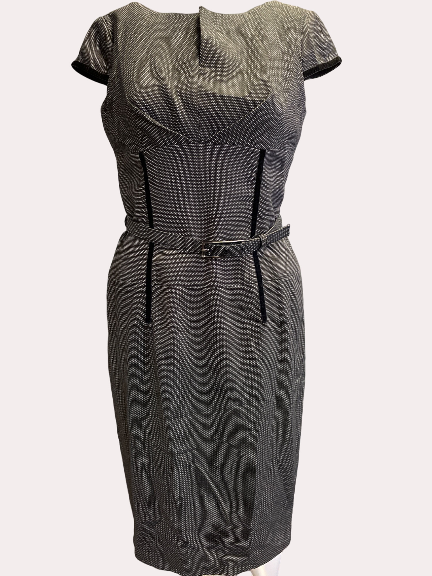 Women's Houndtooth Black & White Midi Belted Dress