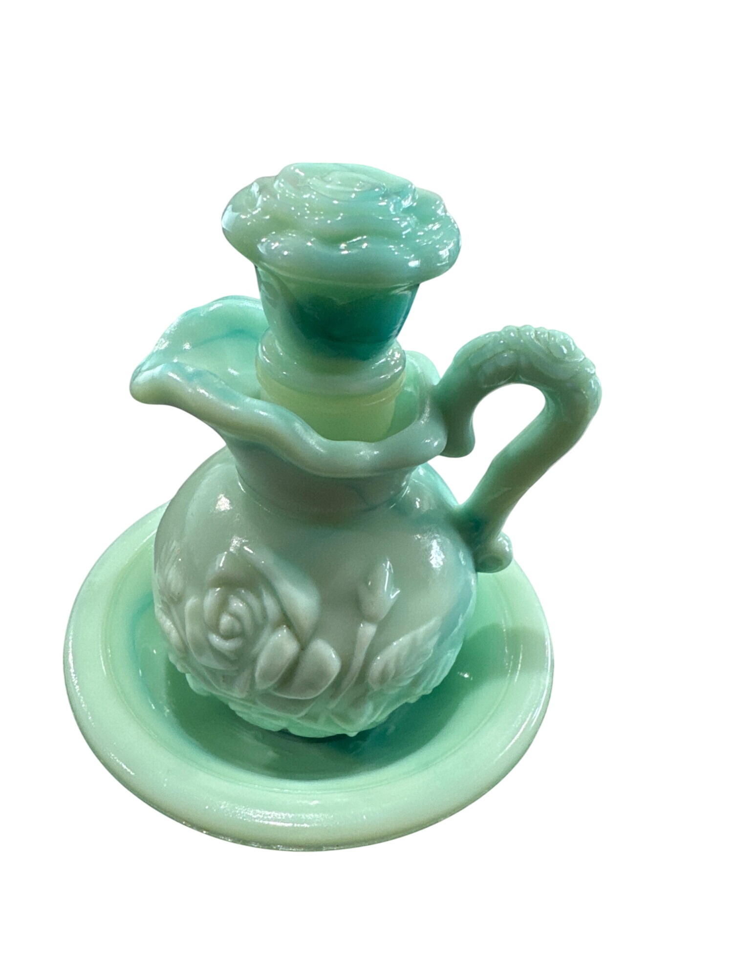 Vintage Milk green floral swirl Glass pitcher bowl /L326292