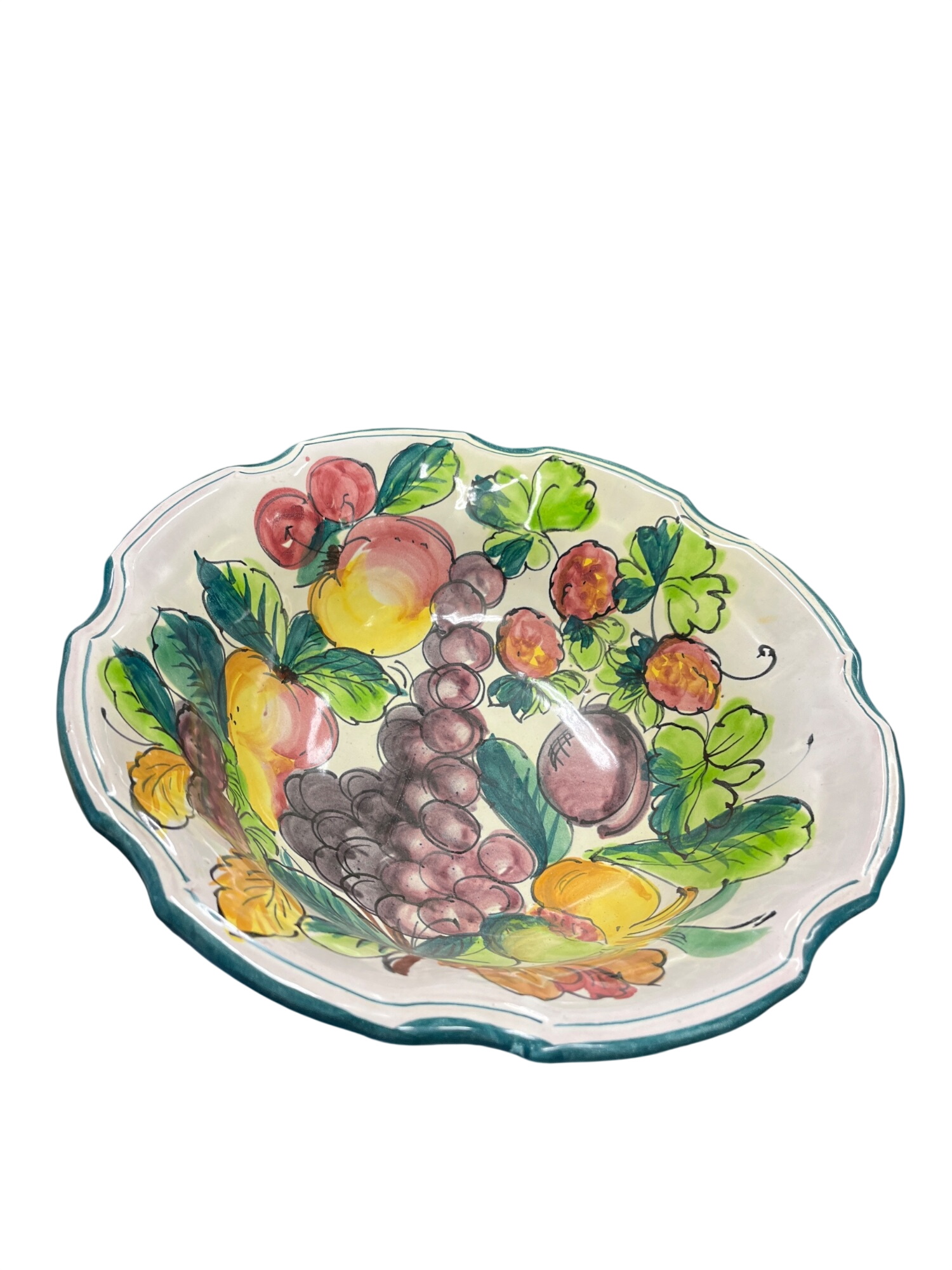 Italy handpainted VTG floral fruit ceramic display bowl 12"dx4"H