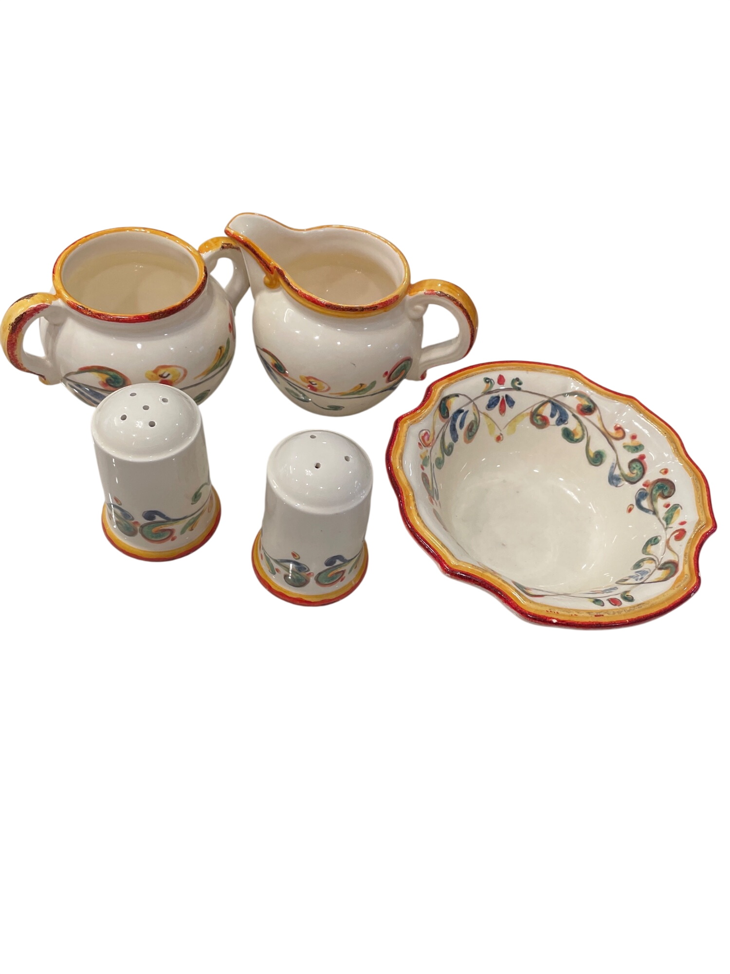 Italian Handmade floral ceramic bowl creamer sugar salt pepper set