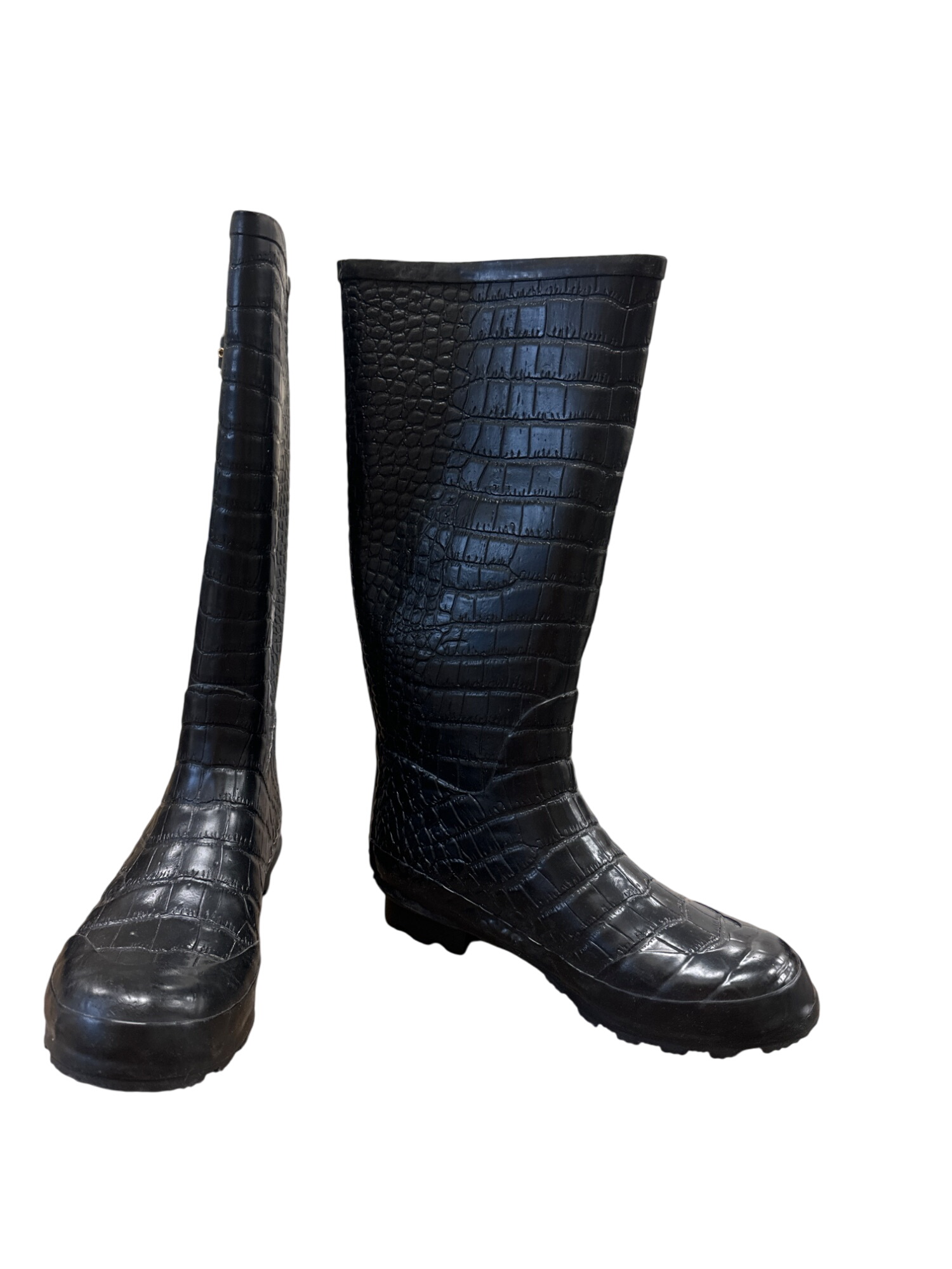 Womens Black Crocodile-Embossed Rain Snow Boots