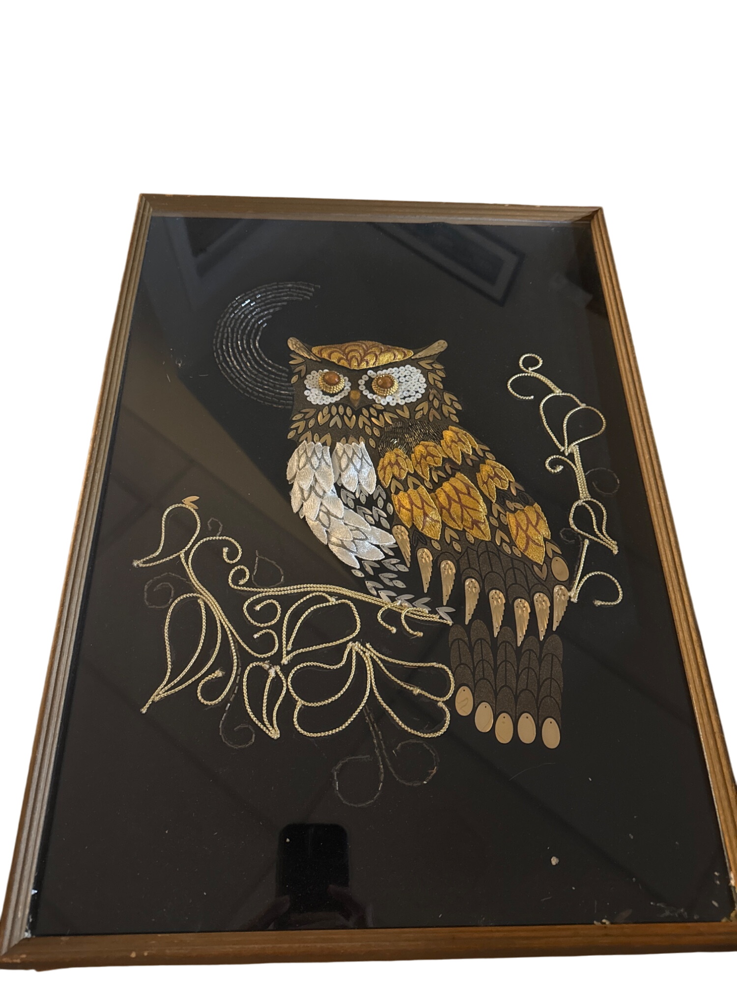 Vintage Owl Sequin & Embroidery Art Wall Hanging In Wooden Frame