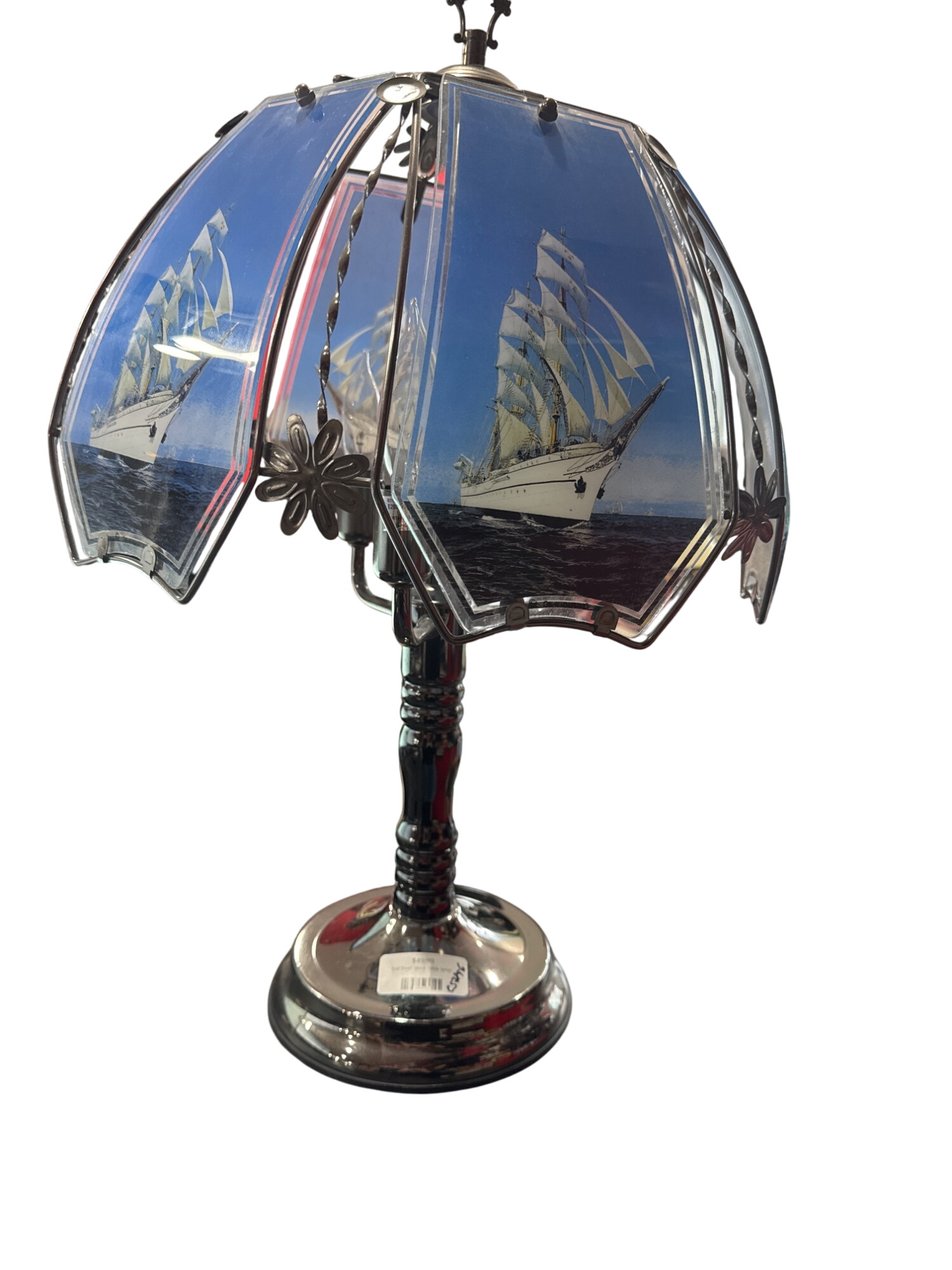 Vintage Stained Glass Table Lamp With Sailing Ship & chrome base