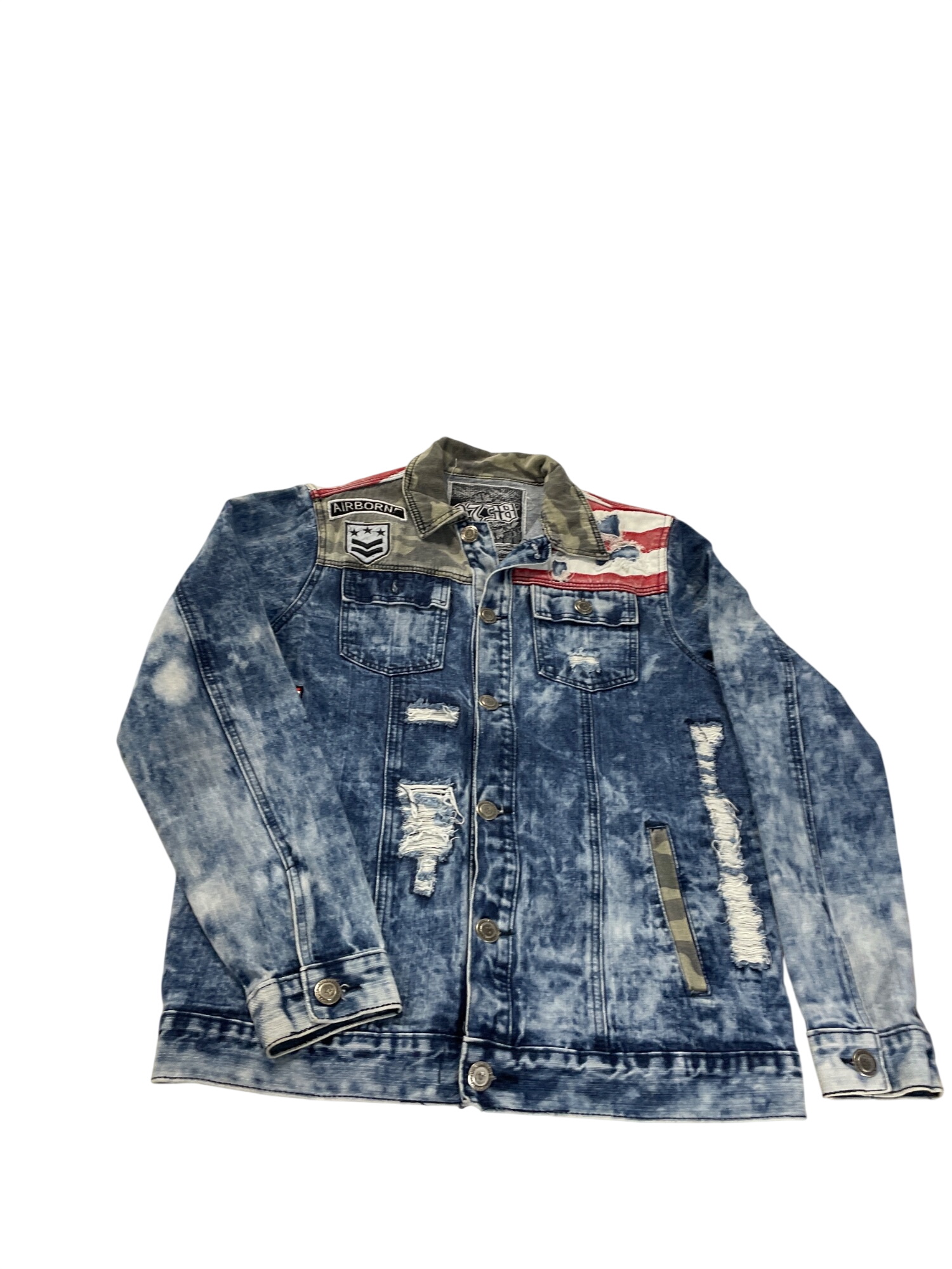 1738 Mens Blue patriotic military adorned service denim jacket Sz M