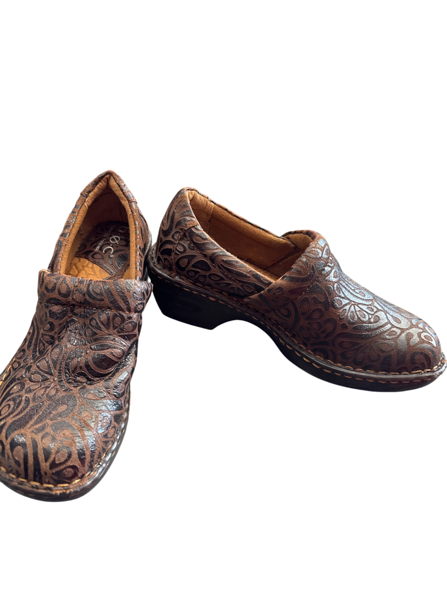 B.,OC womens leather Brown Embossed Slip-On Clogs mules