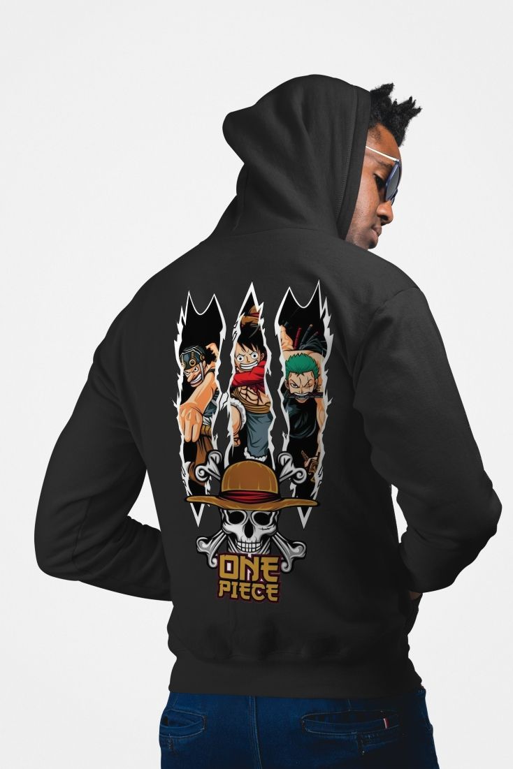 One Piece Anime Black Hoodie With Straw Hat Pirates Logo & Characters Sizes S-4XL — back view thumbnail