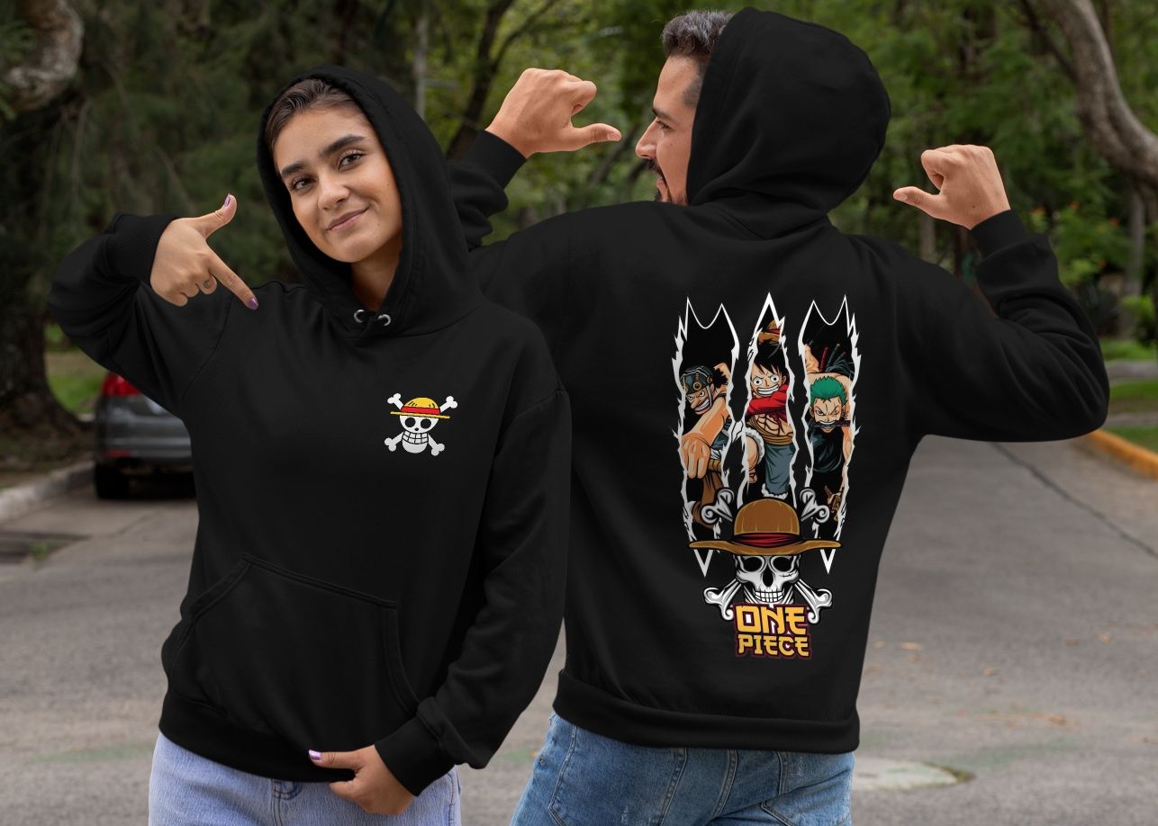 One Piece Anime Black Hoodie With Straw Hat Pirates Logo & Characters Sizes S-4XL — front view