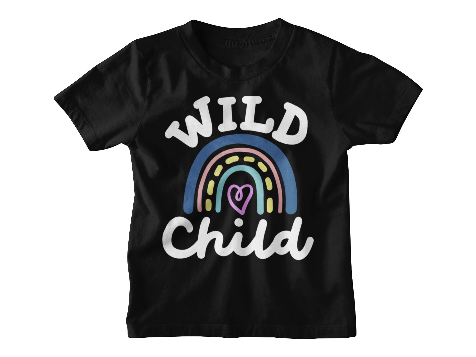Wild Child Rainbow Graphic Kids T-Shirt In Blue Pink & Black — front view