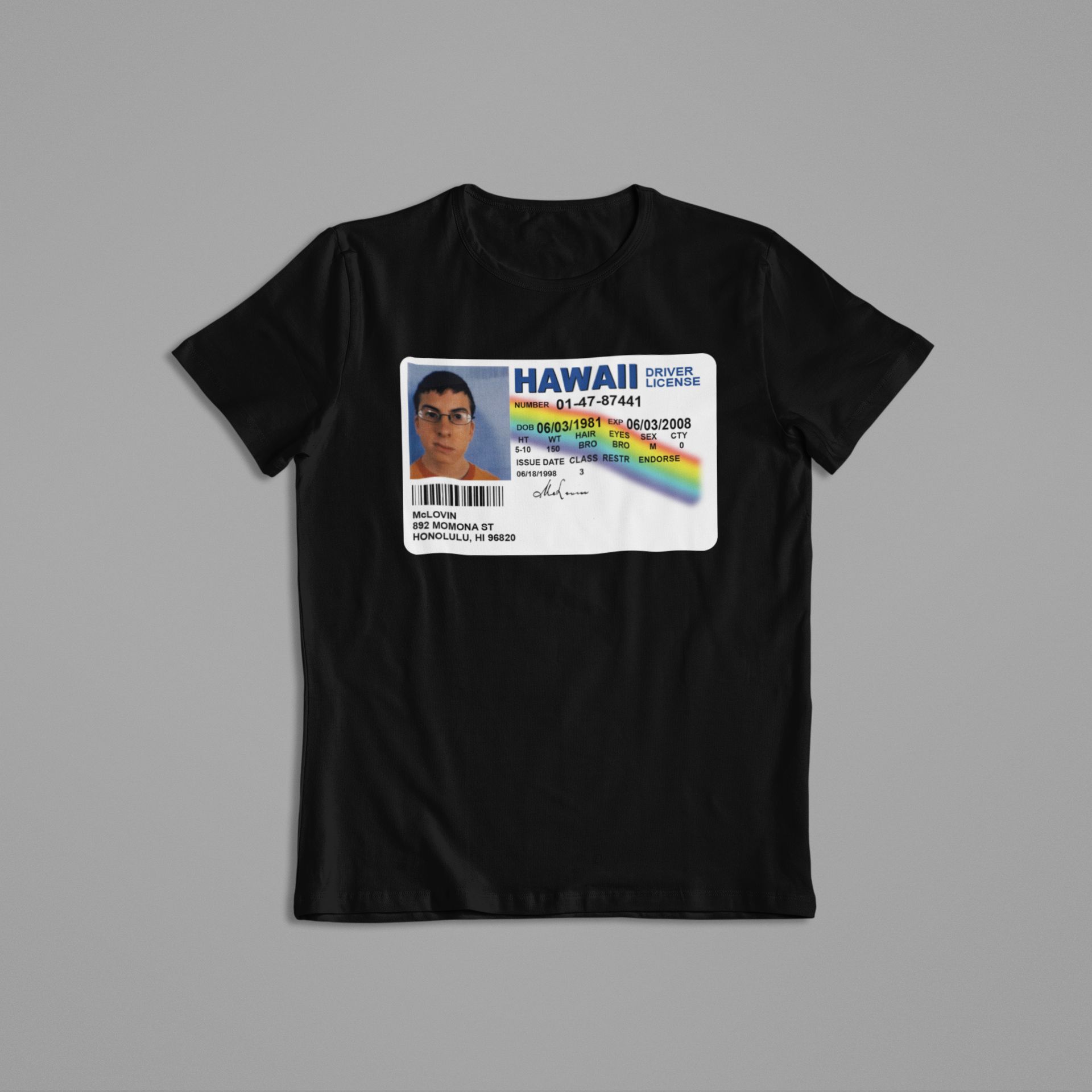 Mclovin Hawaii Driver License Graphic T-shirt, Hoodies, Crewneck Sweater, Tank-tops — front view