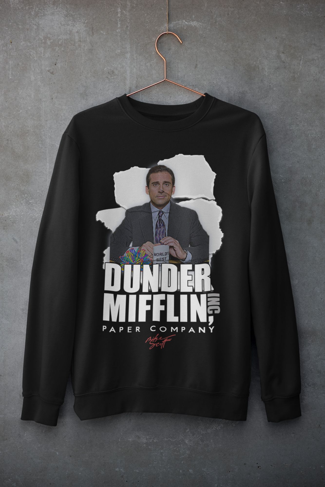 Michael Scott Black Crewneck Sweatshirt Or Hoodie With Dunder Mifflin Paper Company Graphic Print Unisex Fit Soft Cotton Blend — front view