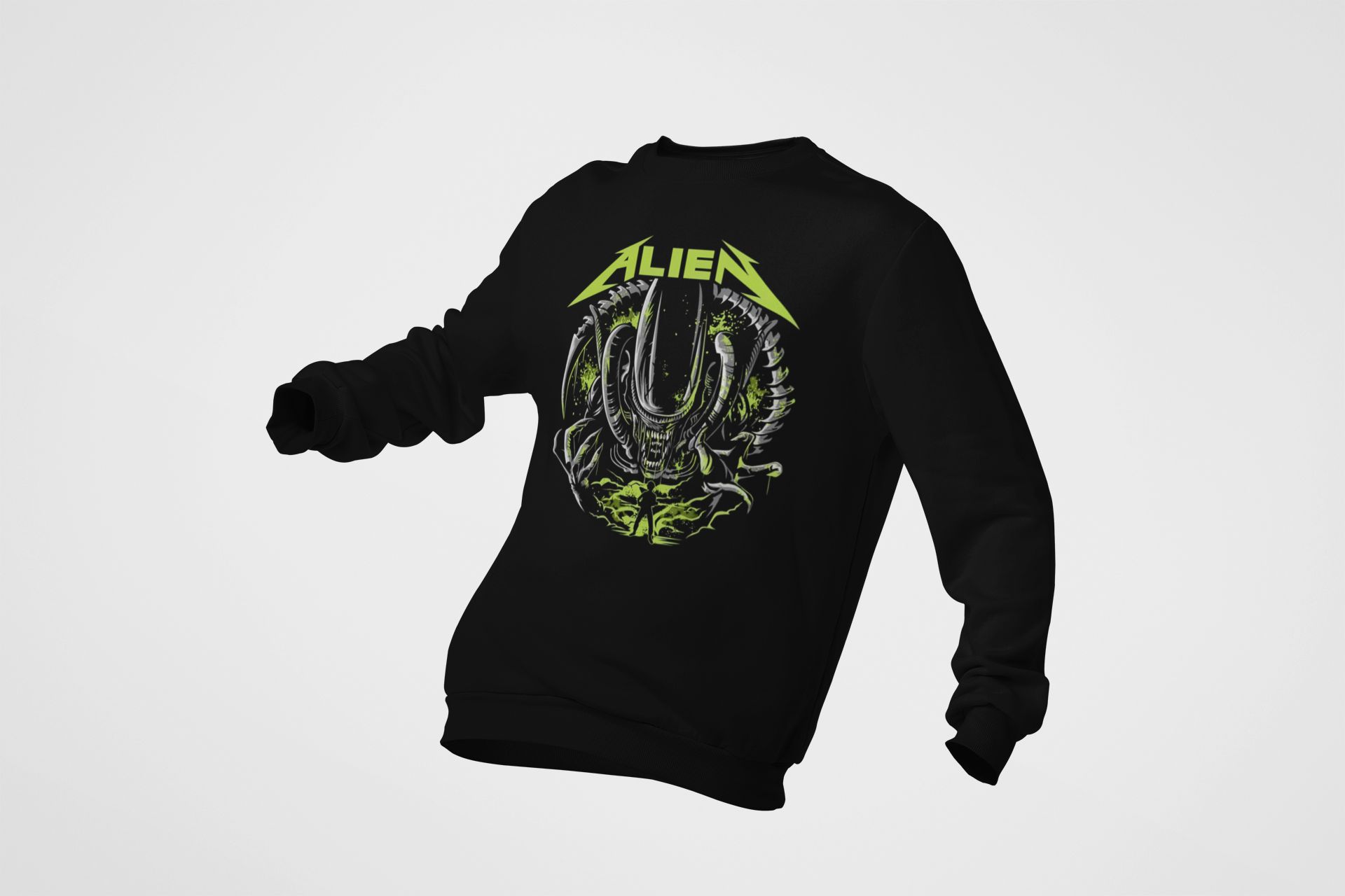 Alien Graphic Black Pullover Hoodie & Sweatshirt With Green Sci-Fi Design Unisex Casual Wear Long Sleeves — back view thumbnail