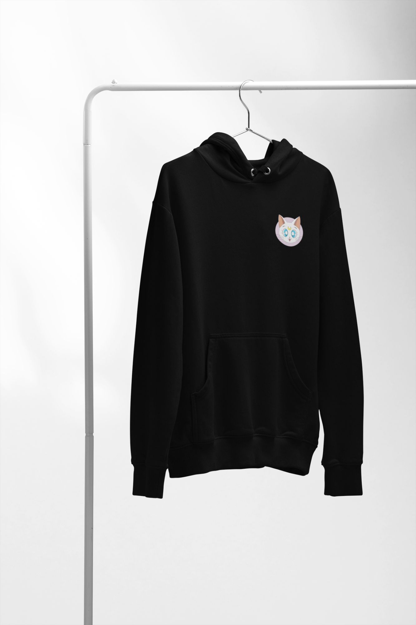 Sailor Moon Hoodie With Cat Emblem Black Or White Pull-Over Style For Moon Prism Power — back view thumbnail