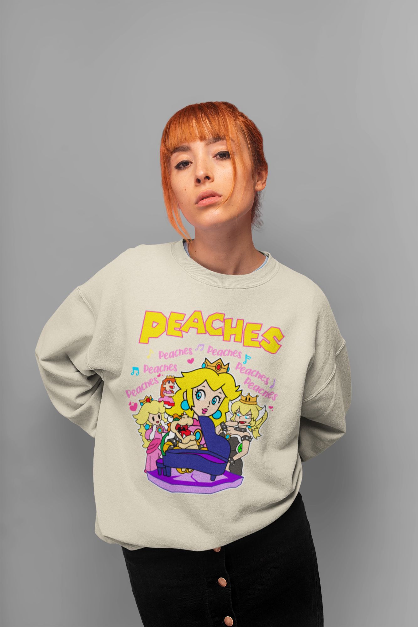 Peaches Graphic Sweatshirt Unisex Crewneck Cotton/Poly Blend Sizes S-2XL — front view
