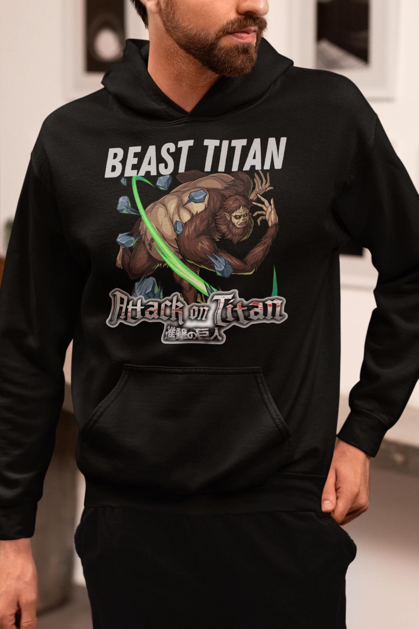 Attack on Titan Beast Titan Hoodie - Anime Graphic Sweatshirt for Fans - Unisex Black Pullover — front view