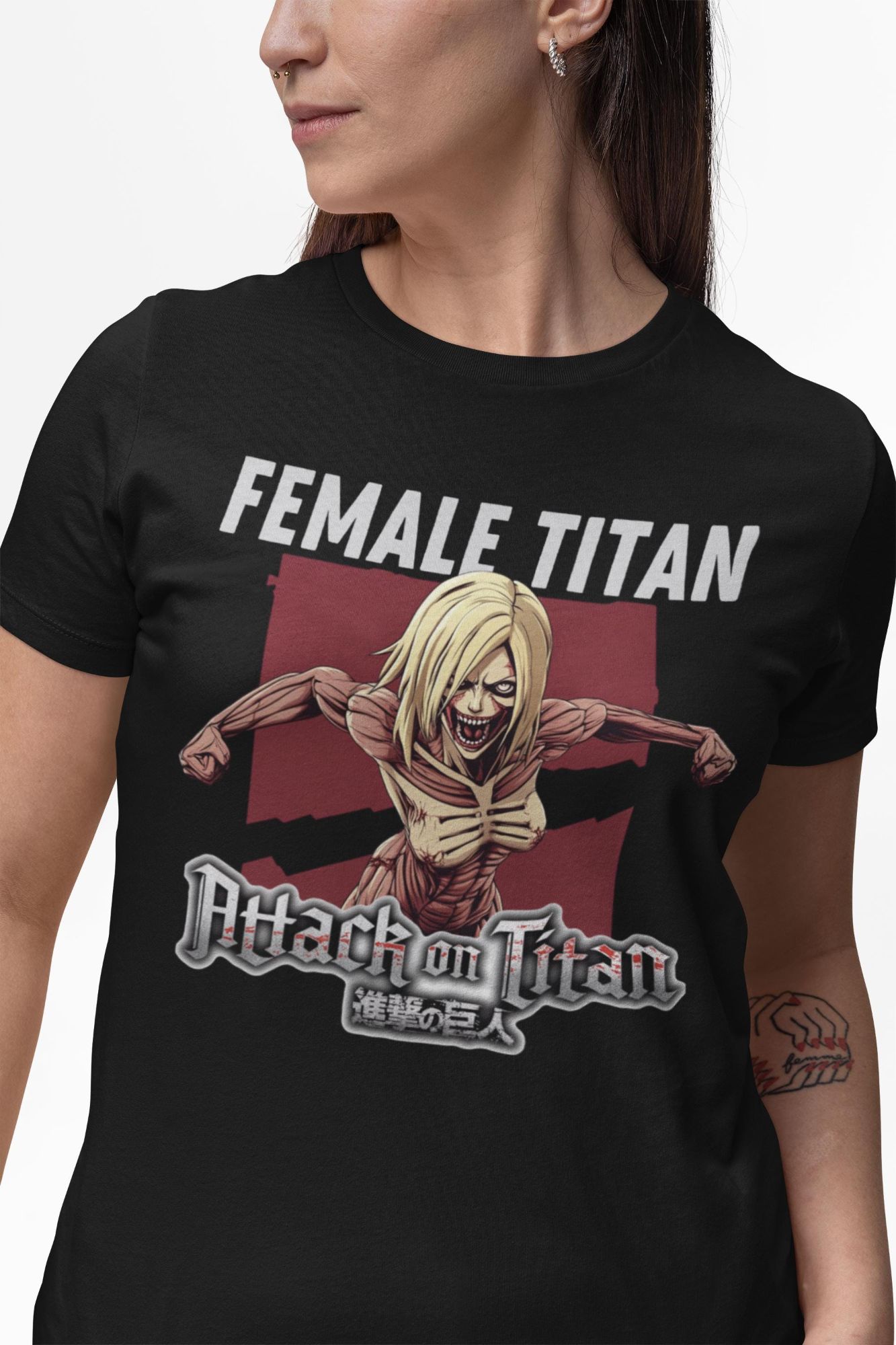 Attack on Titan Female Titan Shirt - Anime Fan Apparel - Unisex Black Graphic Tee — front view