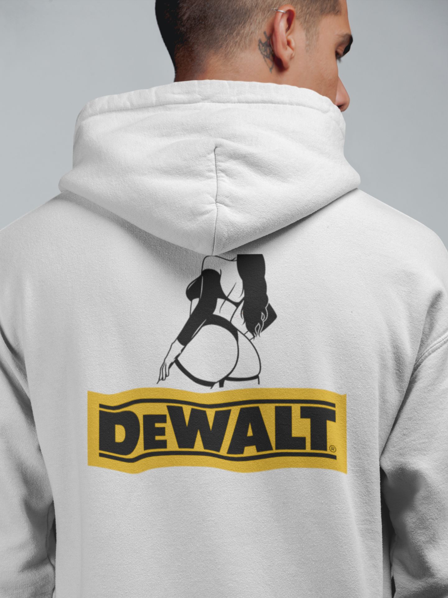Dewalt-Inspired Graphic Hoodie/Sweatshirt/T-Shirt Mens Fit Cotton Blend White & Gray — front view
