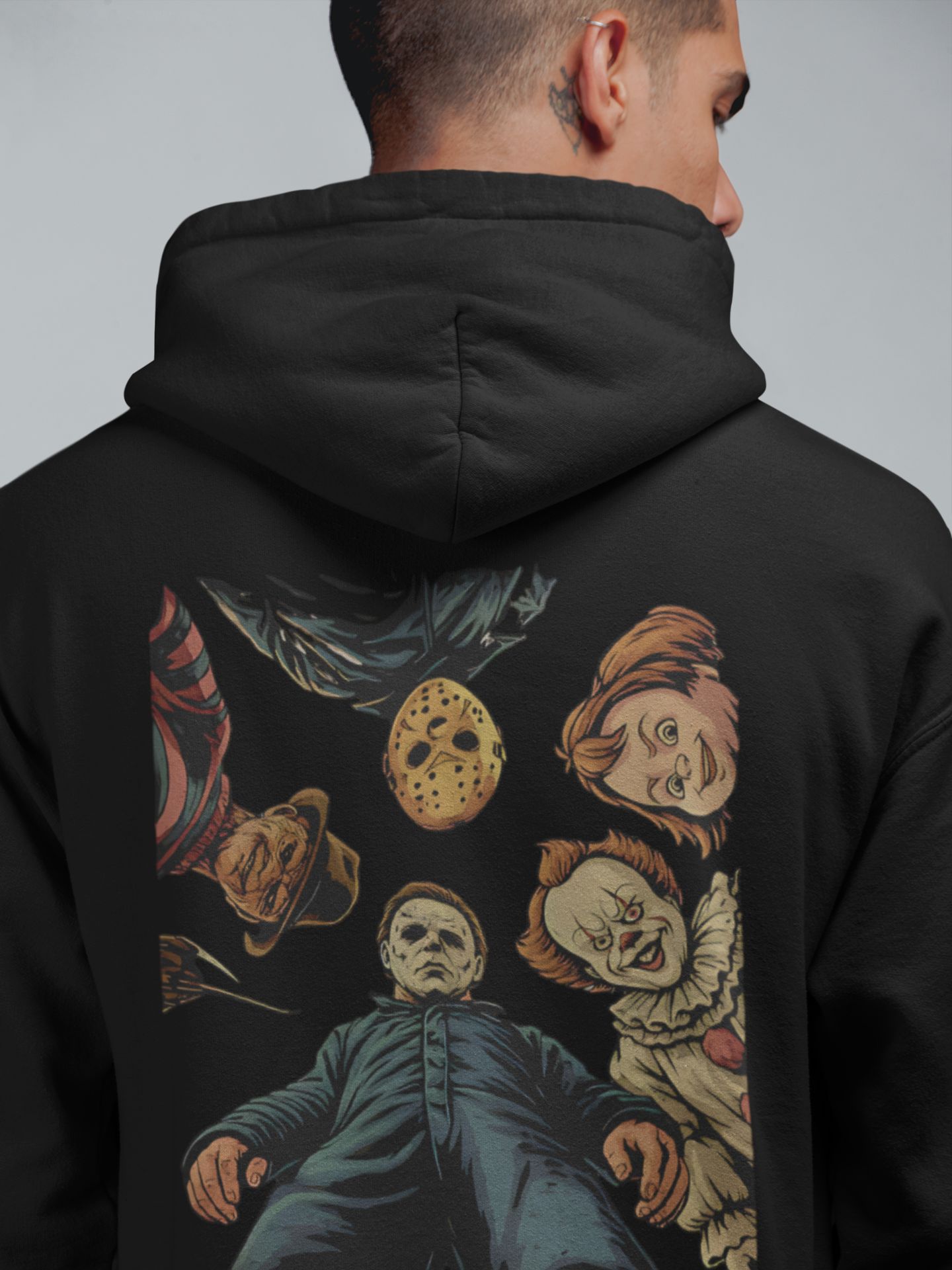 Horror-Themed Hoodie & T-Shirt Set With Knife And Iconic Villains Graphics — front view
