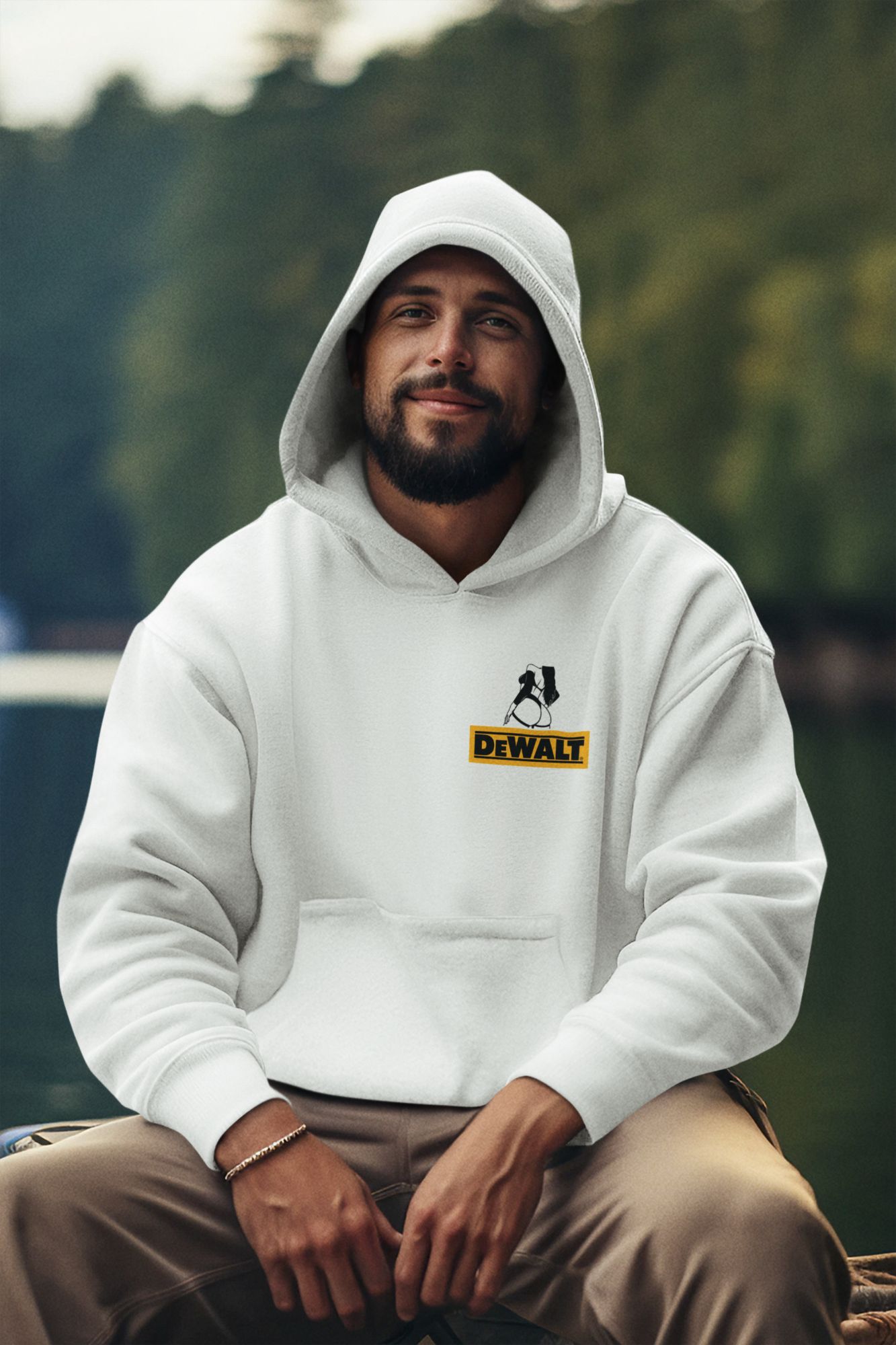 Dewalt-Inspired Graphic Hoodie/Sweatshirt/T-Shirt Mens Fit Cotton Blend White & Gray — back view thumbnail