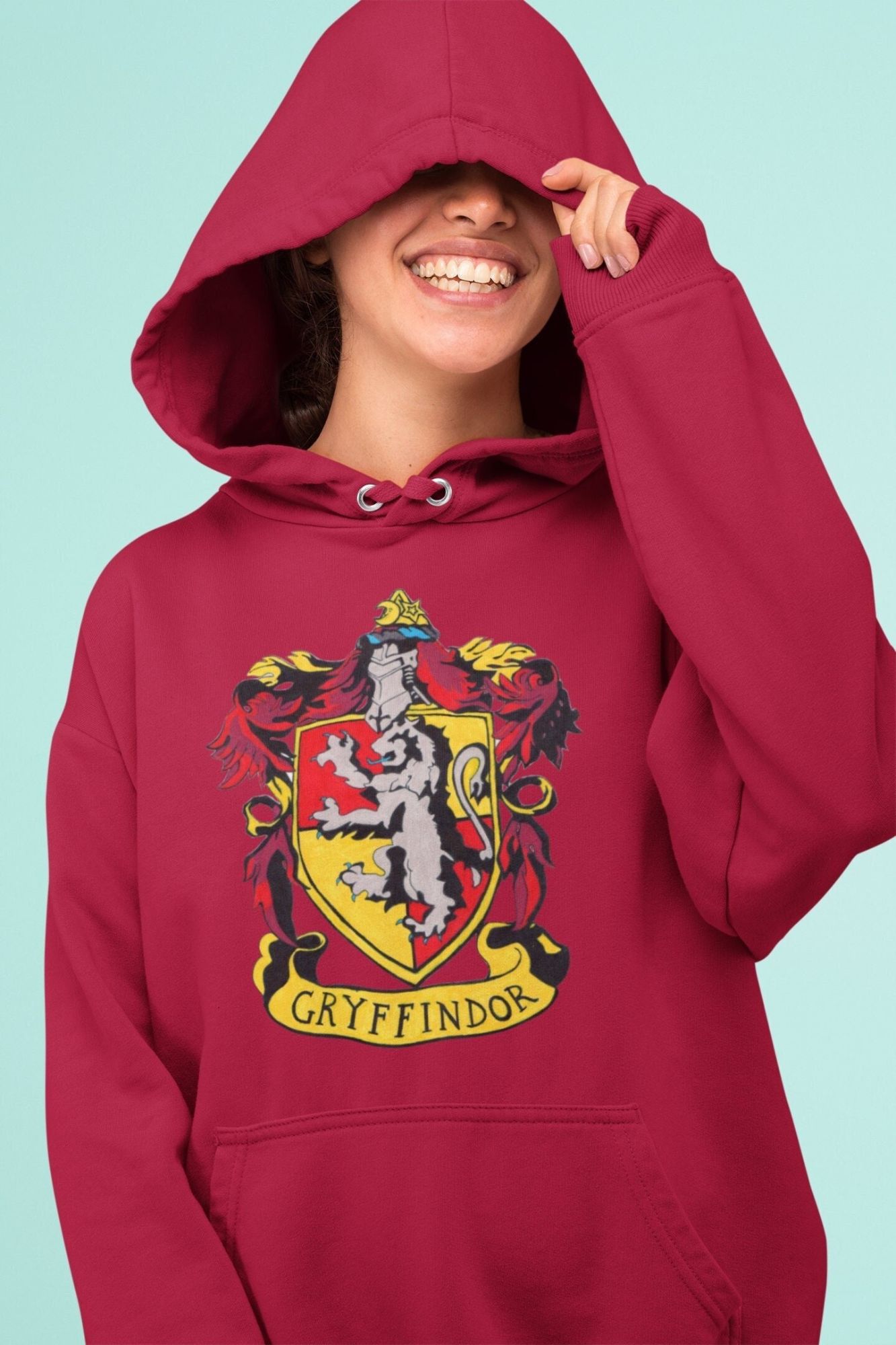 Harry Potter Gryffindor Crest Hoodie Gift for Her Wizardy House Hooded Hoodie Gift for Him Graphic Design Aesthetic Clothes Vintage Hoodie — front view