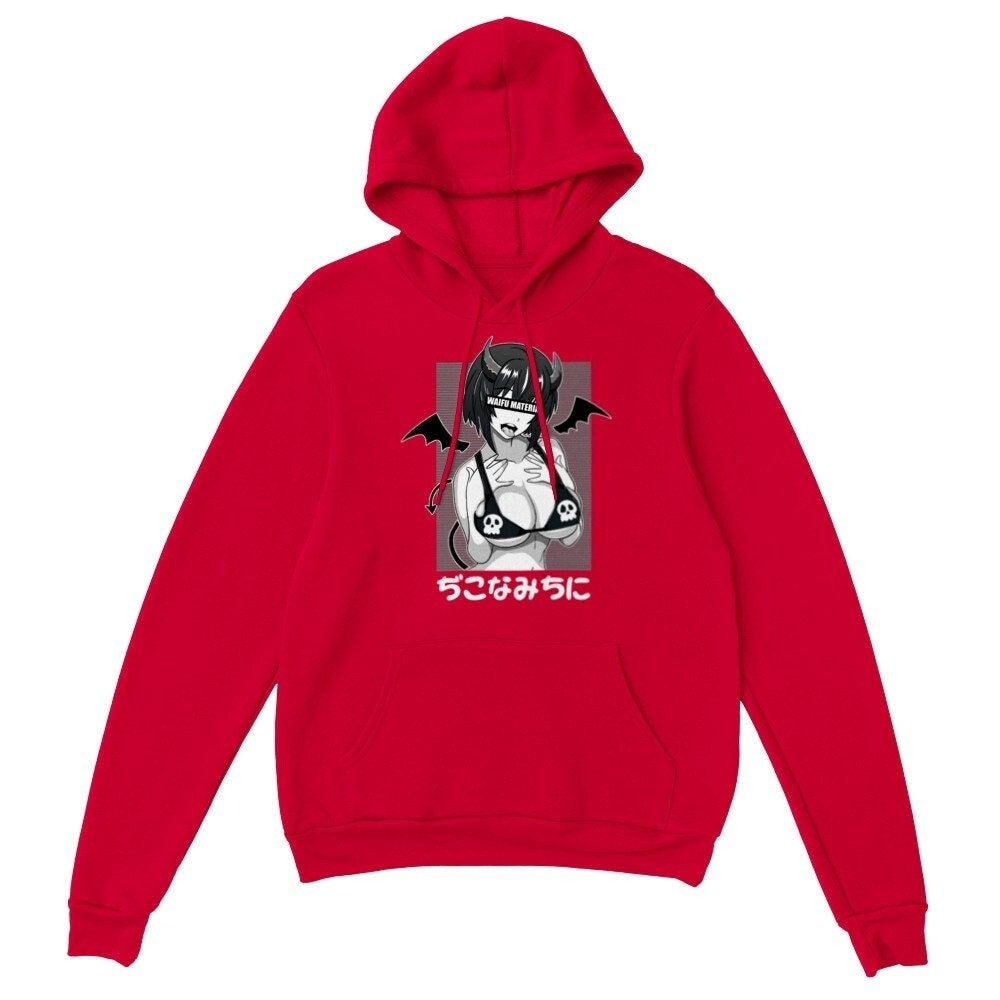 Ahegao Anime Hoodie - Waifu Lewd Devil Girl - Cosplay Classic Unisex Pullover - Otaku Fan Gift - Soft Comfy Material — back view thumbnail