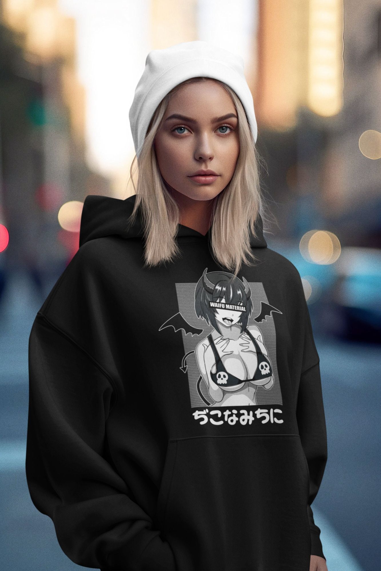 Ahegao Anime Hoodie - Waifu Lewd Devil Girl - Cosplay Classic Unisex Pullover - Otaku Fan Gift - Soft Comfy Material — front view